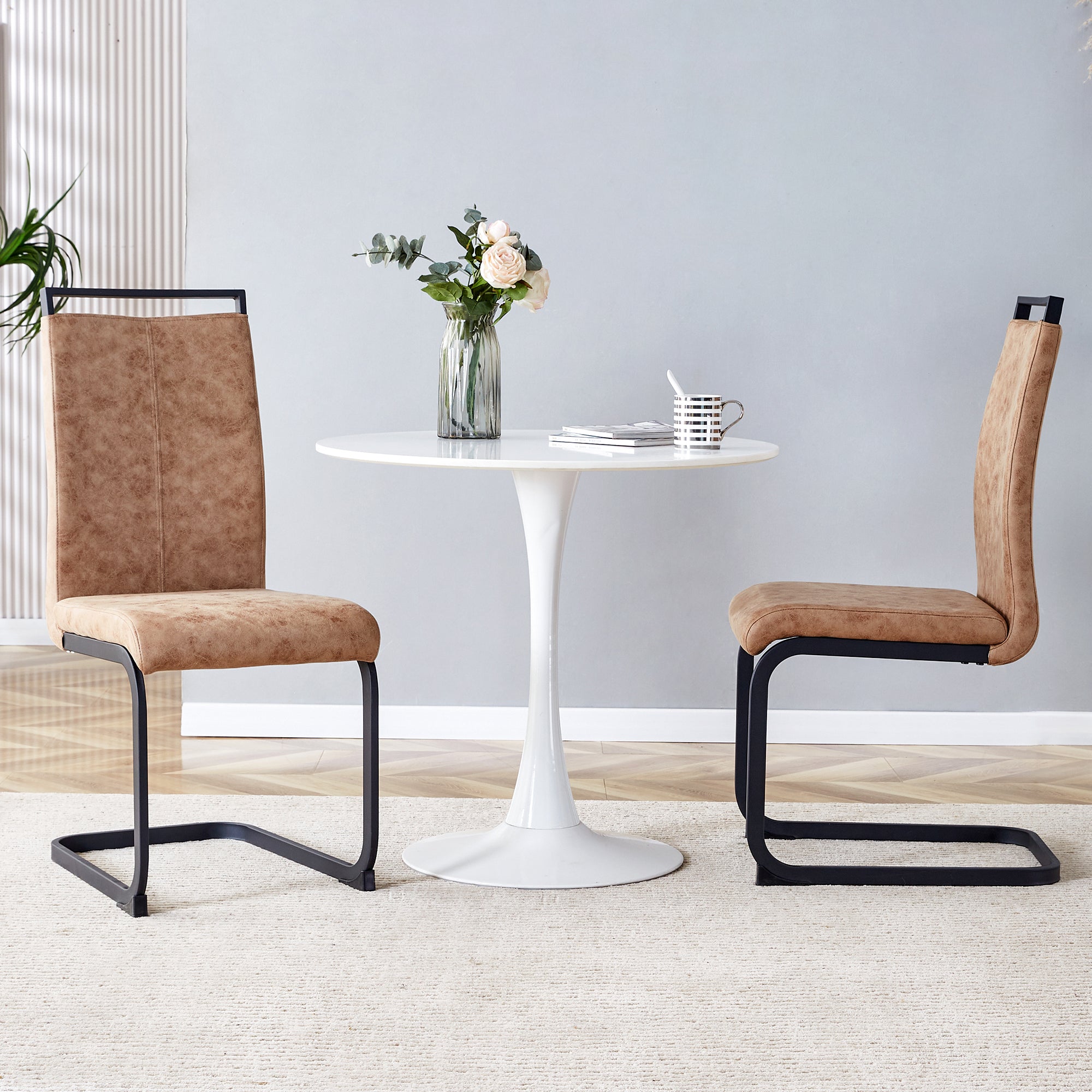 High Back Upholstered Dining Chairs Set of 2 - Modern Tech Fabric C-Shaped Tube Design with Black Metal Legs for Kitchen, Dining Room, Office, Patio & Guest Seating | Comfortable & Stylish Brown Chairs for Home Decor