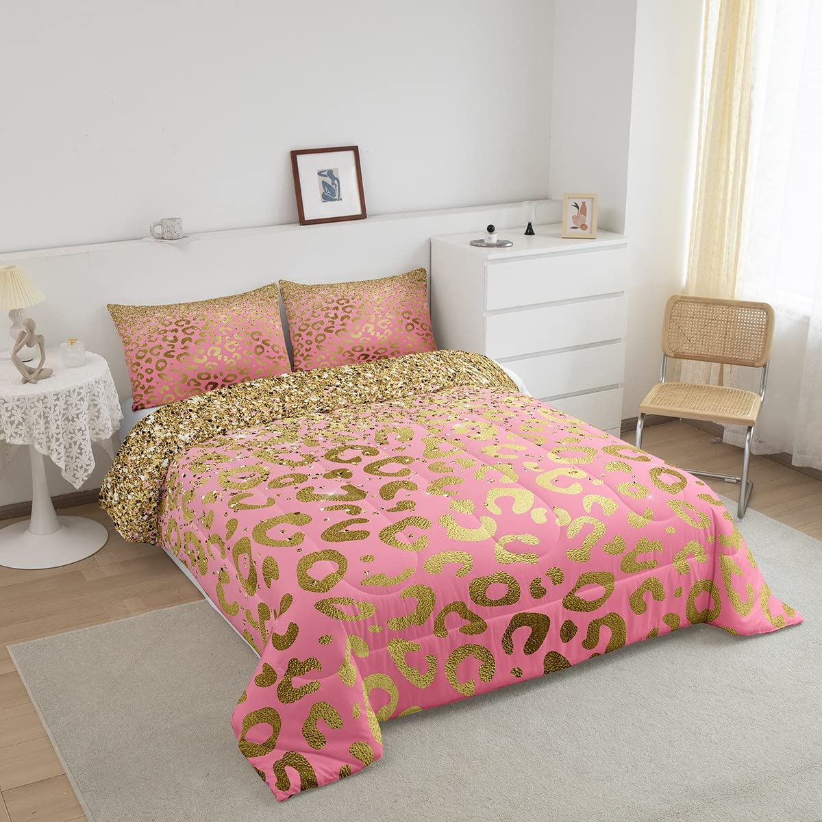 Leopard Print Comforter Set Twin Size - Glitter Bedding Set 2pc for Kids, Teens & Women - Cheetah Animal Print Duvet Cover with Pink Gold Pillowcase - Perfect for Girls' Room Decor & Wild Animal Themed Bedrooms