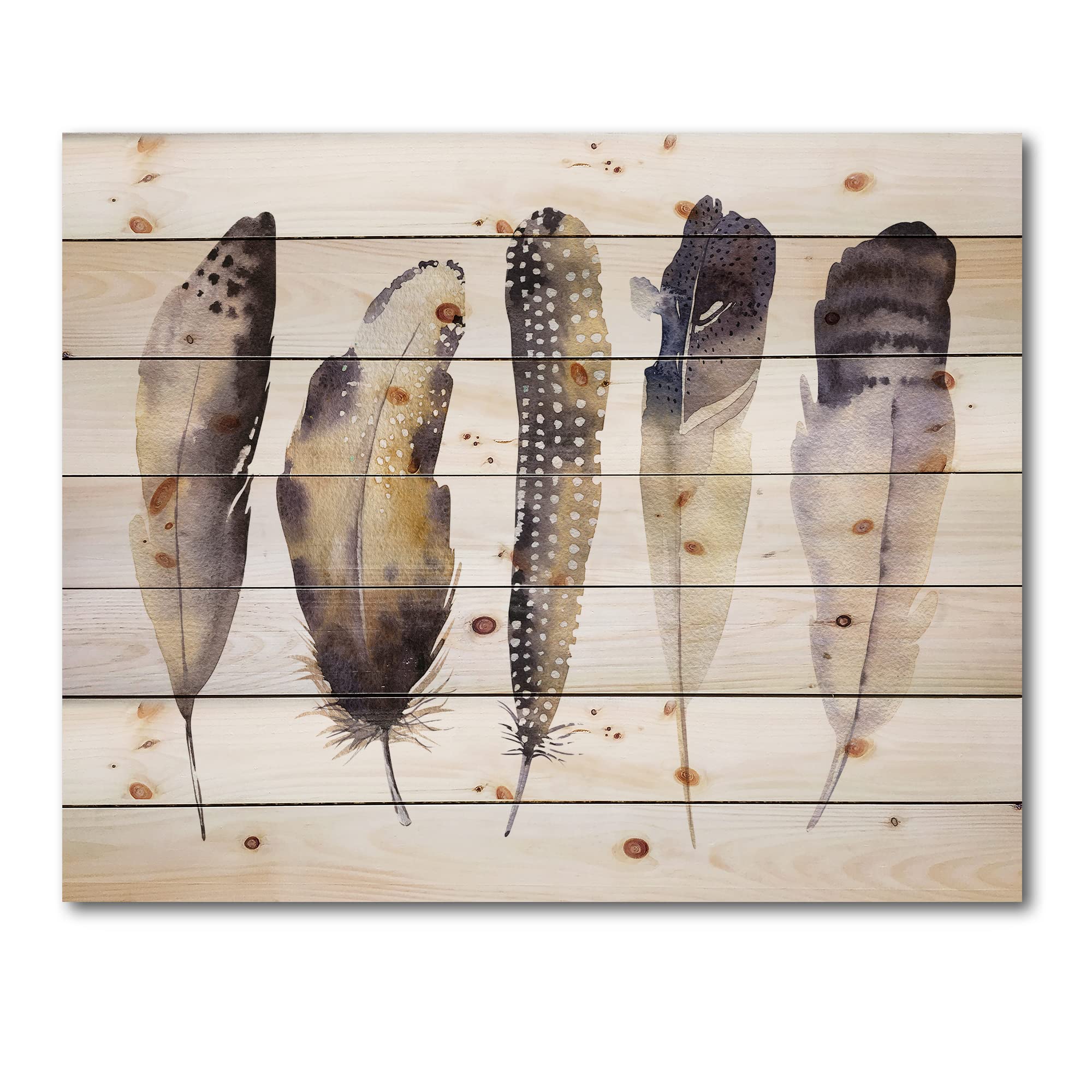 Bohemian Feather Wood Wall Art - Dark Gray Ethnic Boho Decor, Large Animal Print Panels on Natural Pine Wood | Perfect for Living Room, Bedroom & Office Wall Decor
