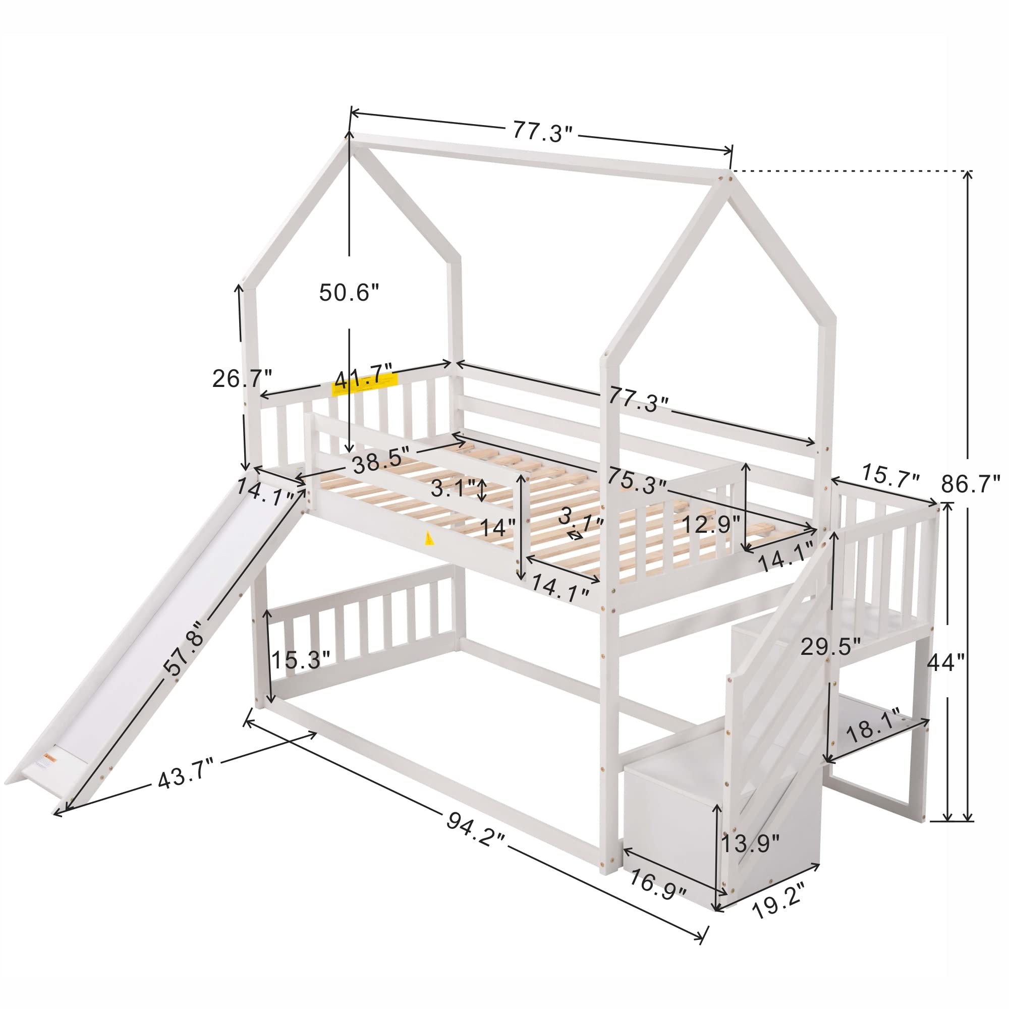Goohome Twin Over Twin Wooden Bunk Bed with Convertible Slide & Storage Staircase - Low Loft Bed with Roof, Guard Rails & Wooden Frame for Kids, Teens - Perfect for Small Bedrooms, Shared Kids Rooms & Space-Saving Sleep Solutions
