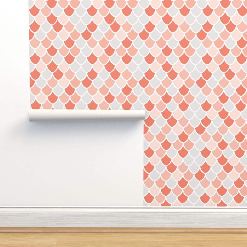 Coral Pink Mermaid Scales Peel & Stick Wallpaper Swatch - Whimsical Geometric Removable Wallpaper for Girls Rooms, Nursery & Home Decor | Custom Self-Adhesive Wallpaper by Spoonflower