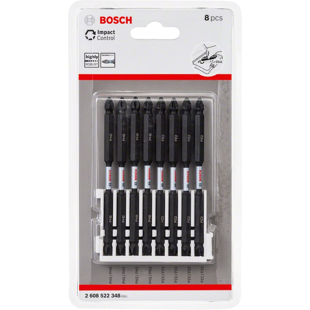 Bosch Professional 8pcs. Double Screwdriver Bit Set - Impact Control PH/PZ Bits, 110mm Length, Pick and Click for Impact Drills - Perfect for DIY Projects and Professional Construction Work