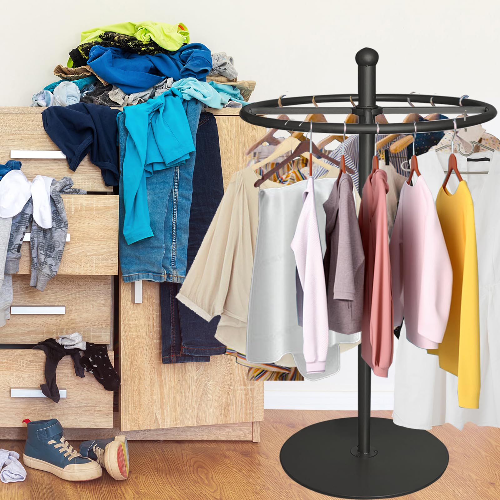 Rotatable Round Garment Rack - Floor Standing 360° Swivel Clothing Rack with Wheels, Portable Retail Display Stand for Hanging Clothes | Perfect for Bedroom, Boutique, Commercial Shop & Laundry Room Organization