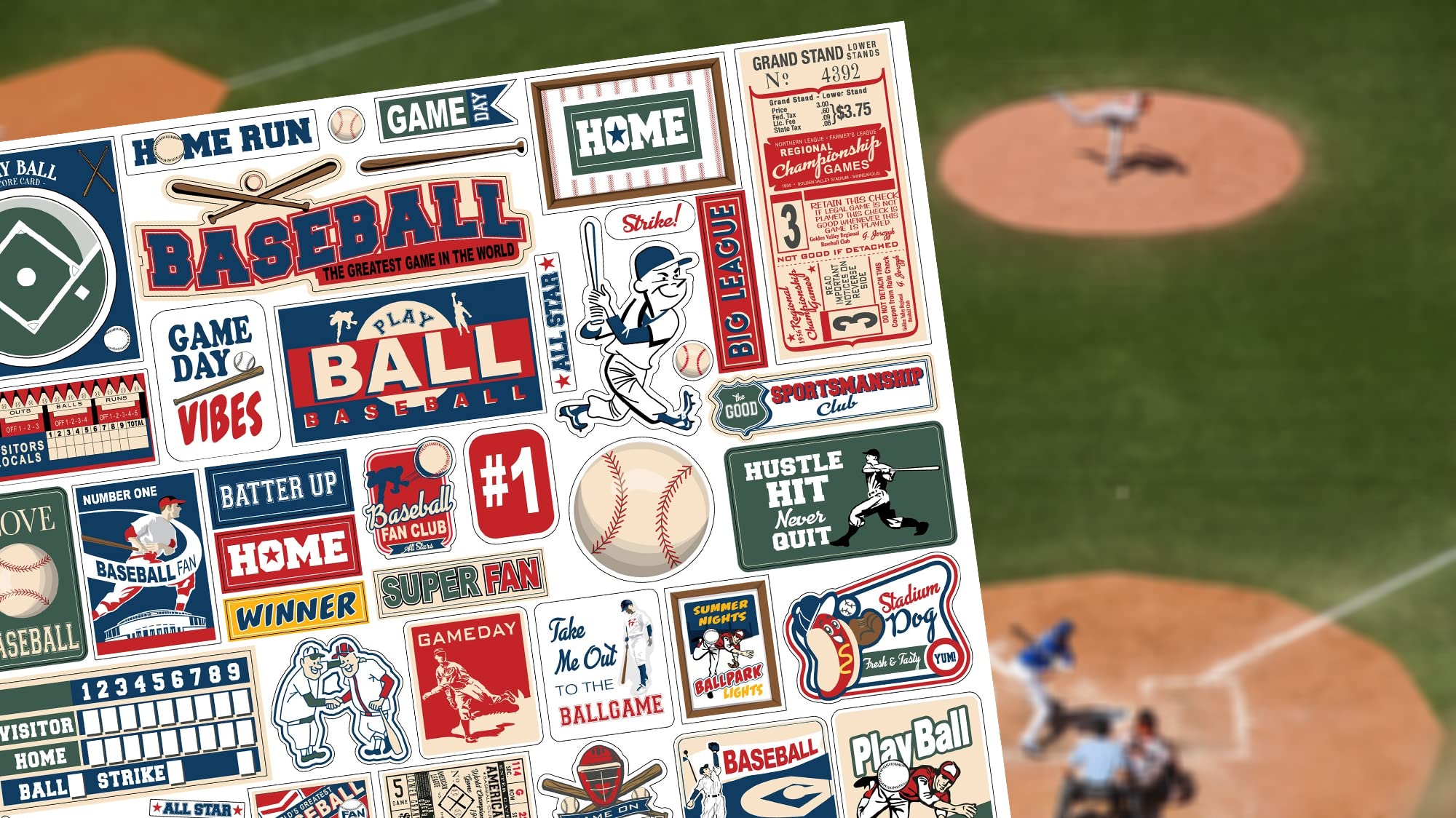 Baseball Scrapbook Paper 12x12 Inch - Sports Themed Scrapbooking Kit with Field, Players, Tickets & Phrases Stickers | Perfect for DIY Scrapbooks, Photo Albums, Journals & Memory Books | 5-Piece Set for Baseball Fans & Craft Lovers