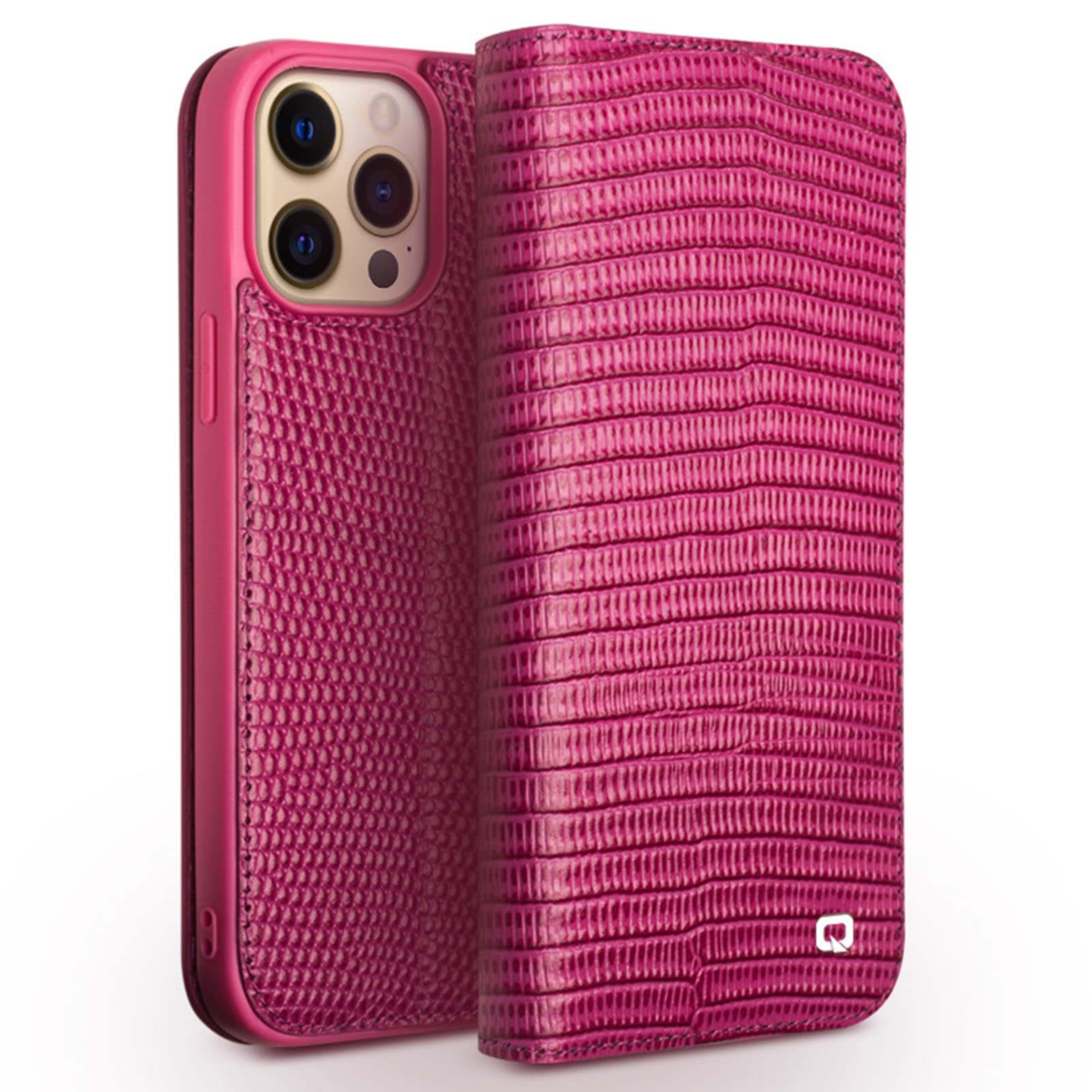 Genuine Leather Wallet Case for iPhone 13/13 Mini/13 Pro/13 Pro Max - Classic Pattern Flip Stand Cover with Card Slots (Pink) | Premium Protection & Hands-Free Viewing for Daily Use & Travel