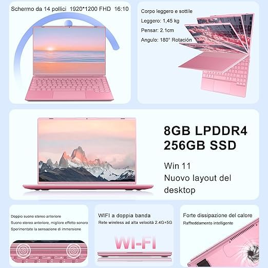AOCWEI JSY Windows 11 Laptop - 14 Inch Notebook with Intel N5095 (Up to 2.9GHz), 8GB RAM, 256GB SSD + 1TB Expandable Storage, Dual WiFi, Cooling Fan, 1920x1200 2K FHD Display in Pink | Perfect for Work, Study & Entertainment