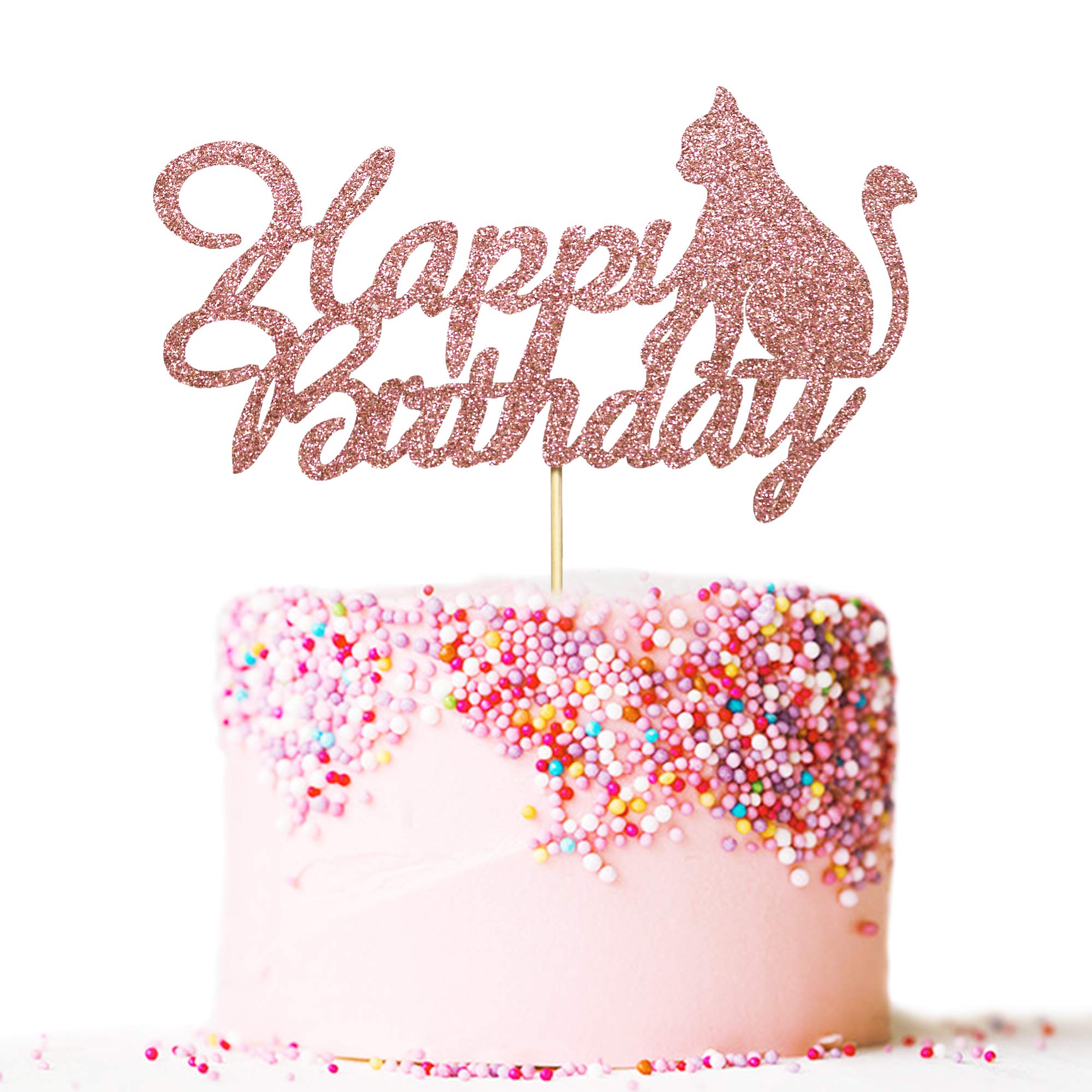 Rose Gold Glitter Cat Cake Topper - Happy Birthday Cake Decoration for Cat Lovers | Perfect for Cat-Themed Birthday Parties, Baby Showers & Special Celebrations