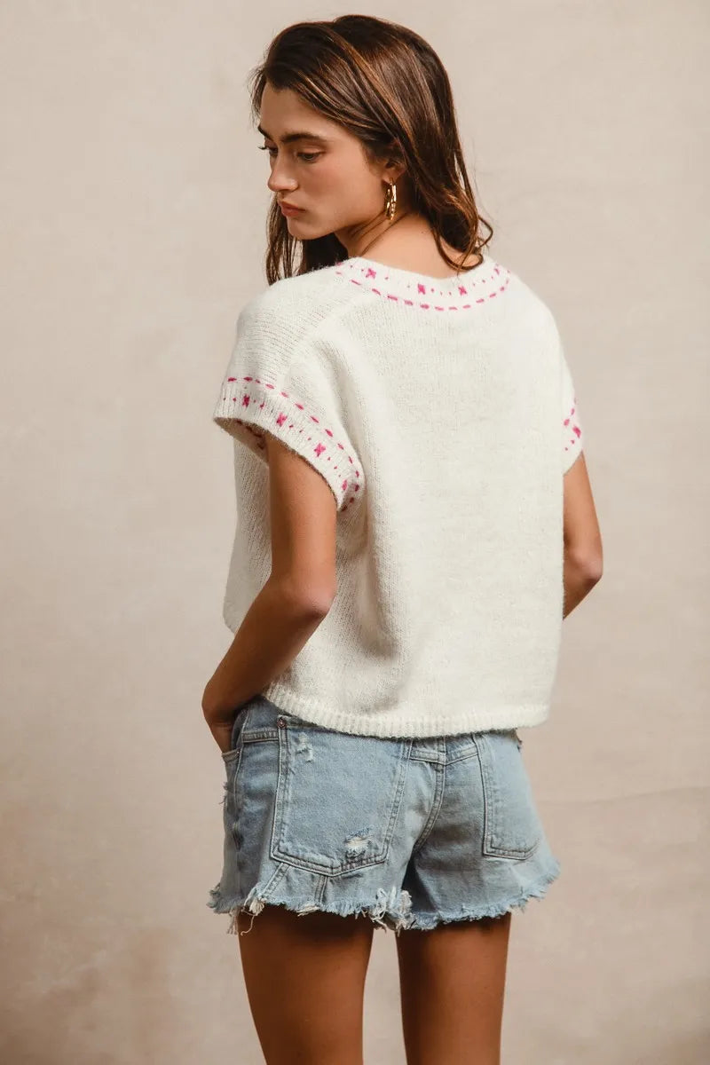 BiBi Knit Solid Contrast Stitch Detail Short Sleeve Sweater for Women | Casual Pullover Top for Spring & Fall | Perfect for Office Wear, Date Nights and Weekend Outfits