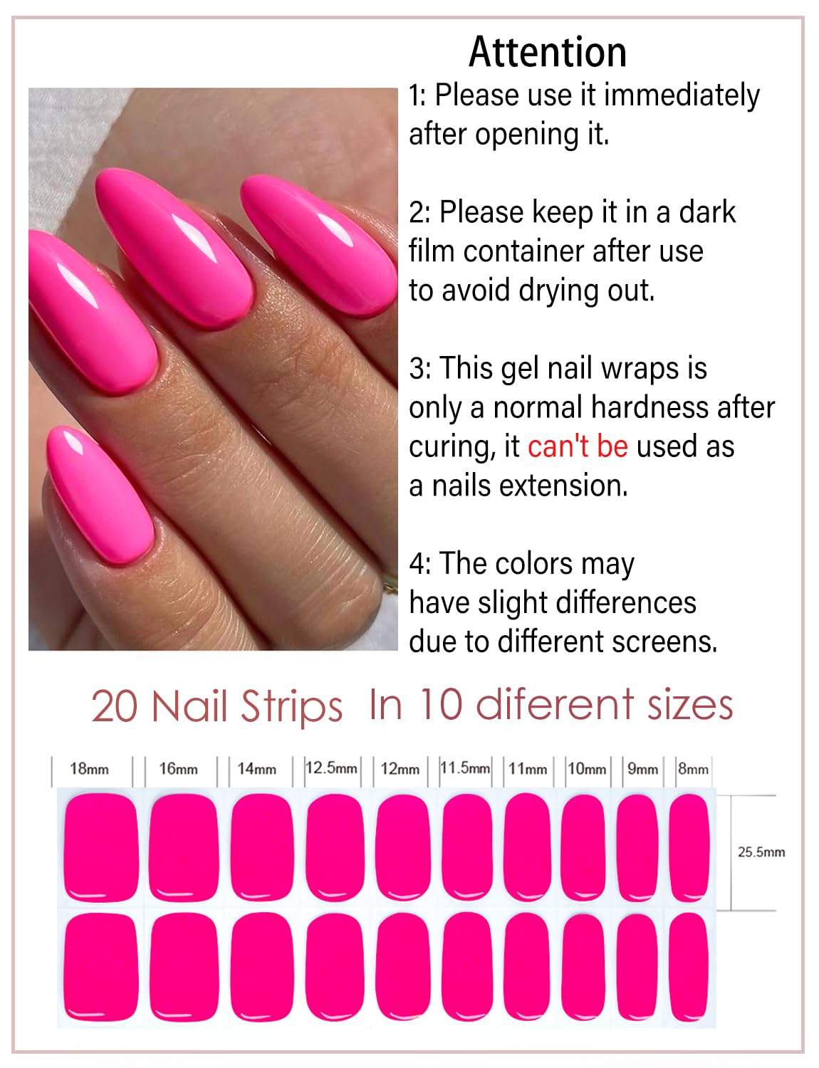 Semi Cured Gel Nail Strips - 20pcs Summer Neon Pink UV Gel Nail Wraps for DIY Home Manicure | Long Lasting Salon Quality Nail Stickers | Perfect for Parties, Weddings & Everyday Wear