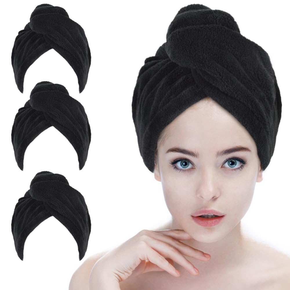 **SINLAND Microfiber Hair Drying Cap - Super Absorbent & Quick Dry Hair Towel Turban for Women (3 Pack, Black) - Perfect for Post-Shower, Salon, Travel & Home Use**