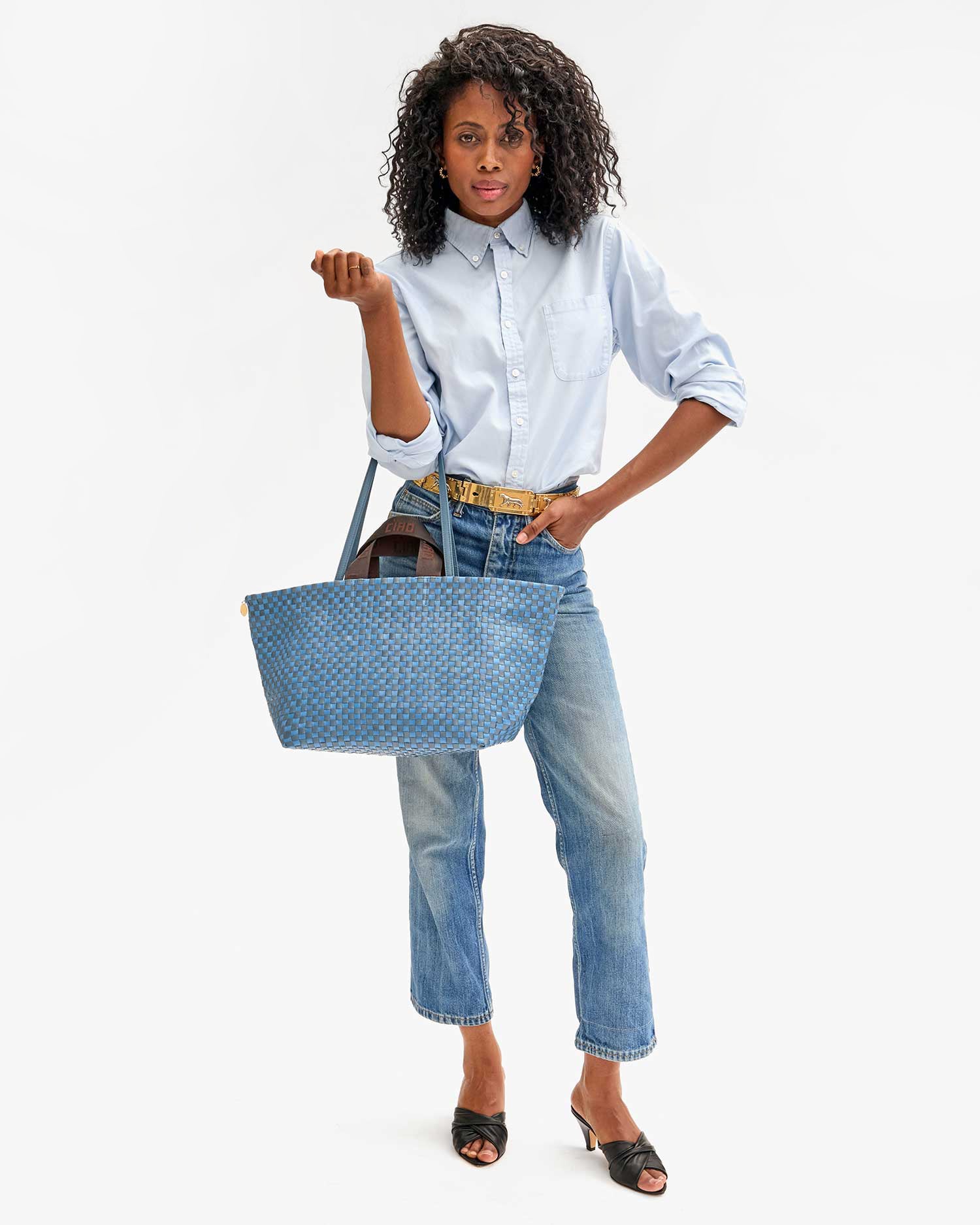 Light Blue Woven Checker Bateau Tote Bag - Stylish Beach Tote for Women, Perfect for Summer Outings, Shopping & Travel Accessories