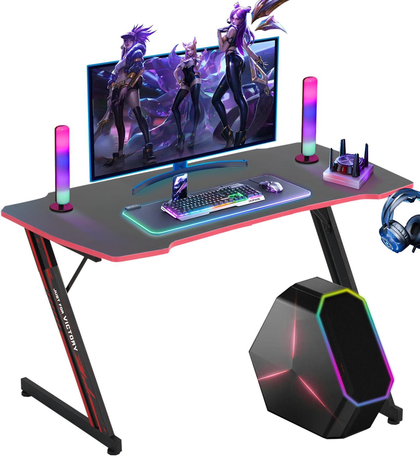 39 Inch Z-Shaped Gaming Desk with Headset Hook - Ergonomic Computer Workstation for Home Office, Small Gaming Table with Footrest - Durable MDF Desktop & Metal Frame (Red) - Perfect for PC Gaming, Streaming & Remote Work Setup