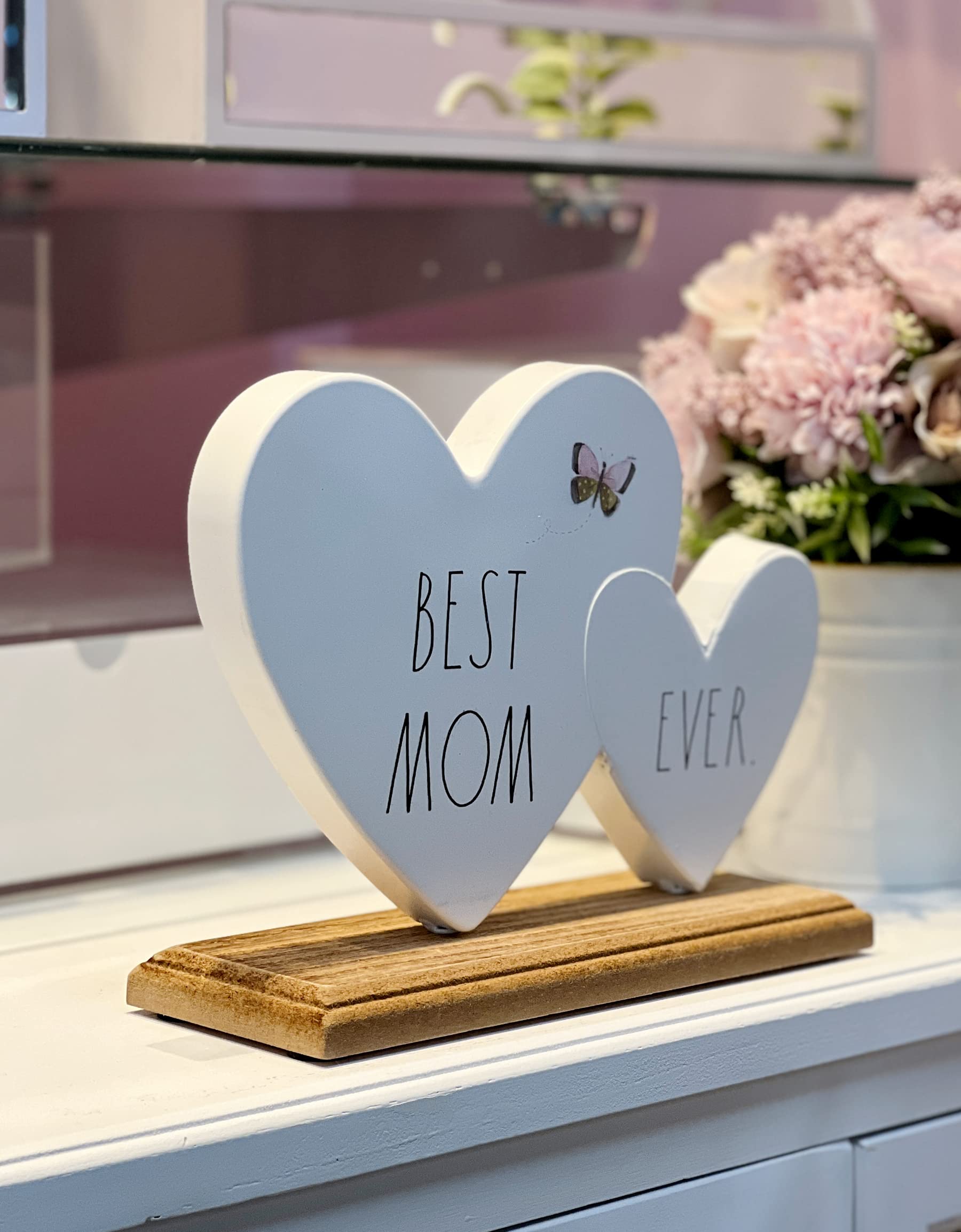 Rae Dunn Best Mom Ever Wooden Double Heart Decor - Mother's Day, Christmas, Valentine's Day & Birthday Gift for Mom - Thoughtful Present from Daughter, Son or Kids - Perfect for Home Decor, Nursery, Office & Special Occasions
