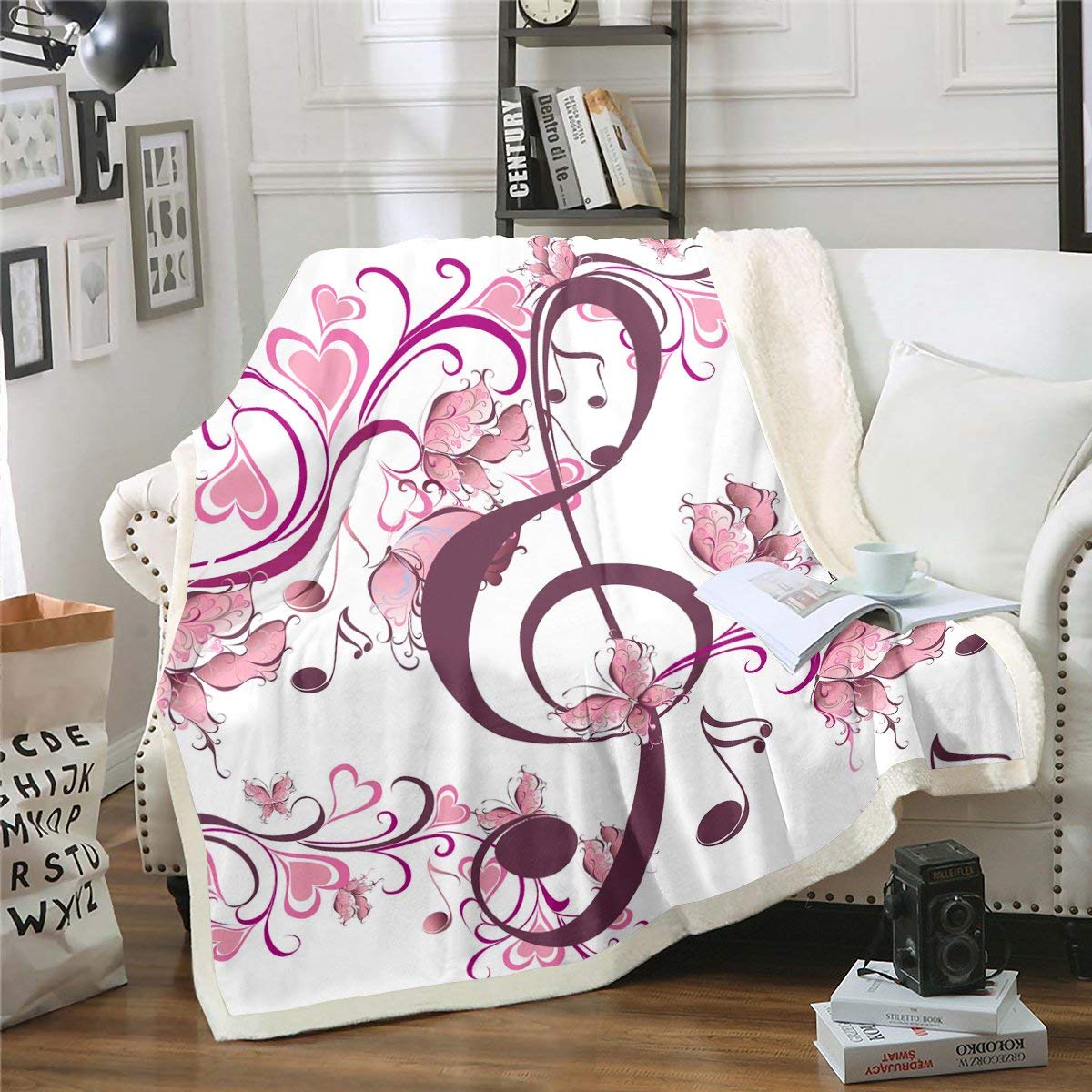 Erosebridal Music Notes Sherpa Blanket - Butterfly Design Queen Size Flannel Throw with Classical Music Spiral Vortex Pattern - Romantic Purple Flower Blanket for Couples, Girls Bedroom & Garden Picnics