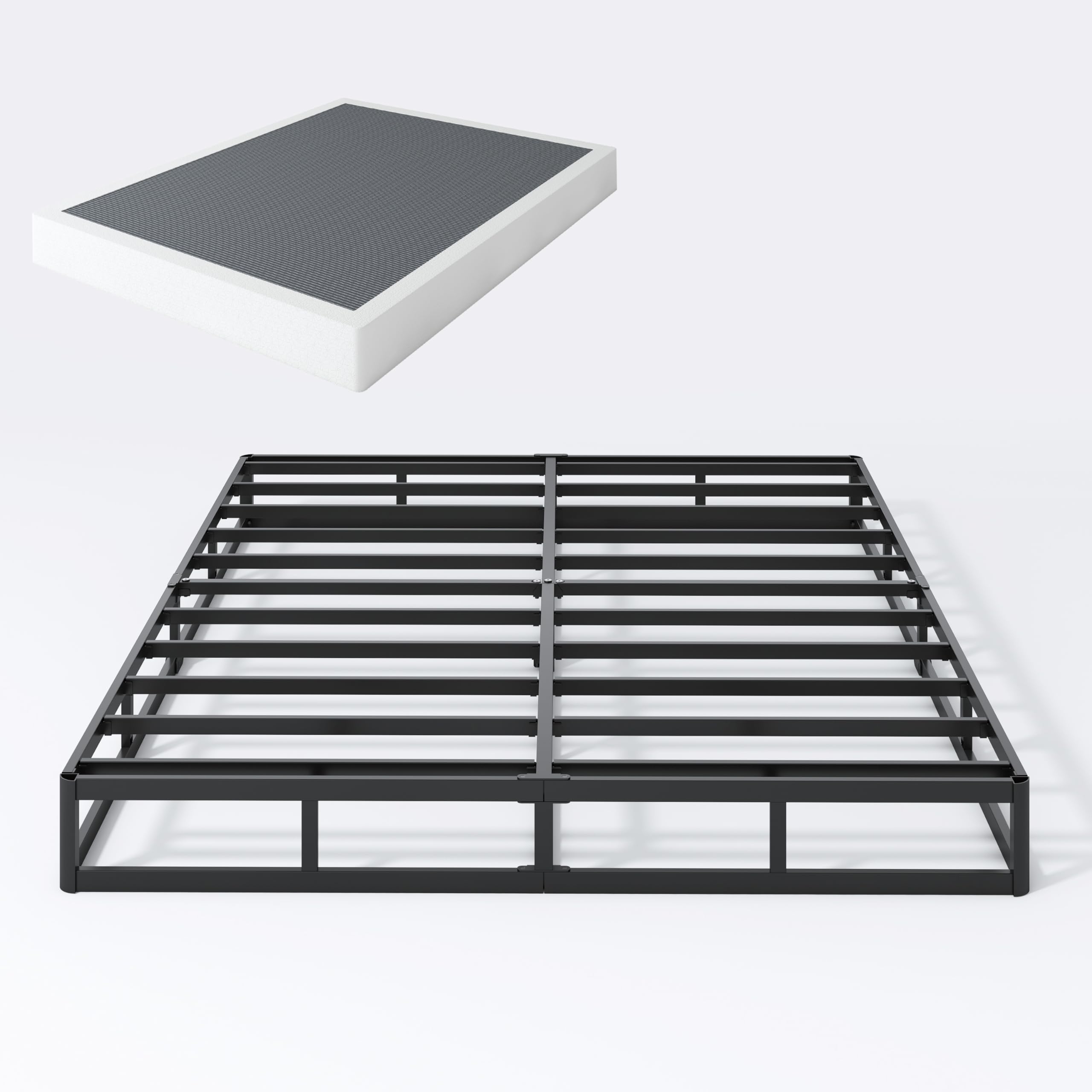 7 Inch Low Profile Queen Box Spring - Heavy Duty 3000 lbs Support, Black Metal Mattress Foundation with Washable Fabric Cover - Easy Assembly for Bedroom, Guest Room or Dorm