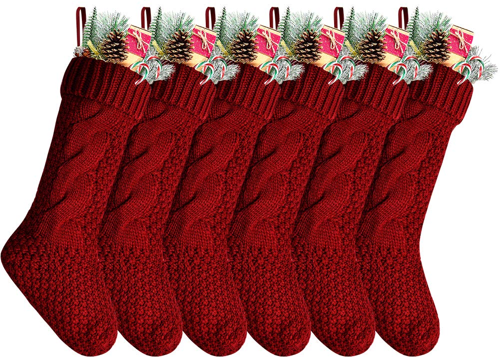 6-Pack 18 Inch Burgundy Knitted Christmas Stockings with Elegant Design - Perfect for Holiday Decor, Fireplace Mantel, and Gift Giving
