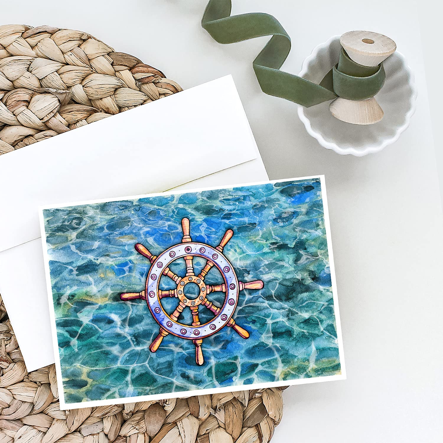 Steering Wheel Helm Greeting Cards - Pack of 8 Blank A7 Note Cards (5x7 Inches) with Envelopes | Nautical Theme Blank Cards for Thank You Notes, Birthday Wishes & Special Occasions | Perfect for Sailors, Boaters & Sea Lovers
