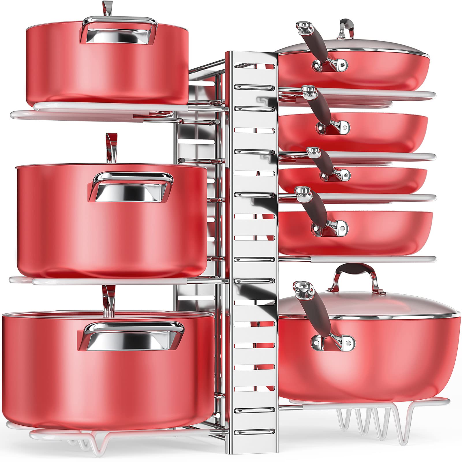 **MUDEELA 8-Tier Adjustable Pots and Pans Organizer Rack for Kitchen Cabinet – Space-Saving DIY Storage Solution for Cookware, Lids & Utensils (Silver) – Perfect for Small Kitchens & Clutter-Free Cooking**