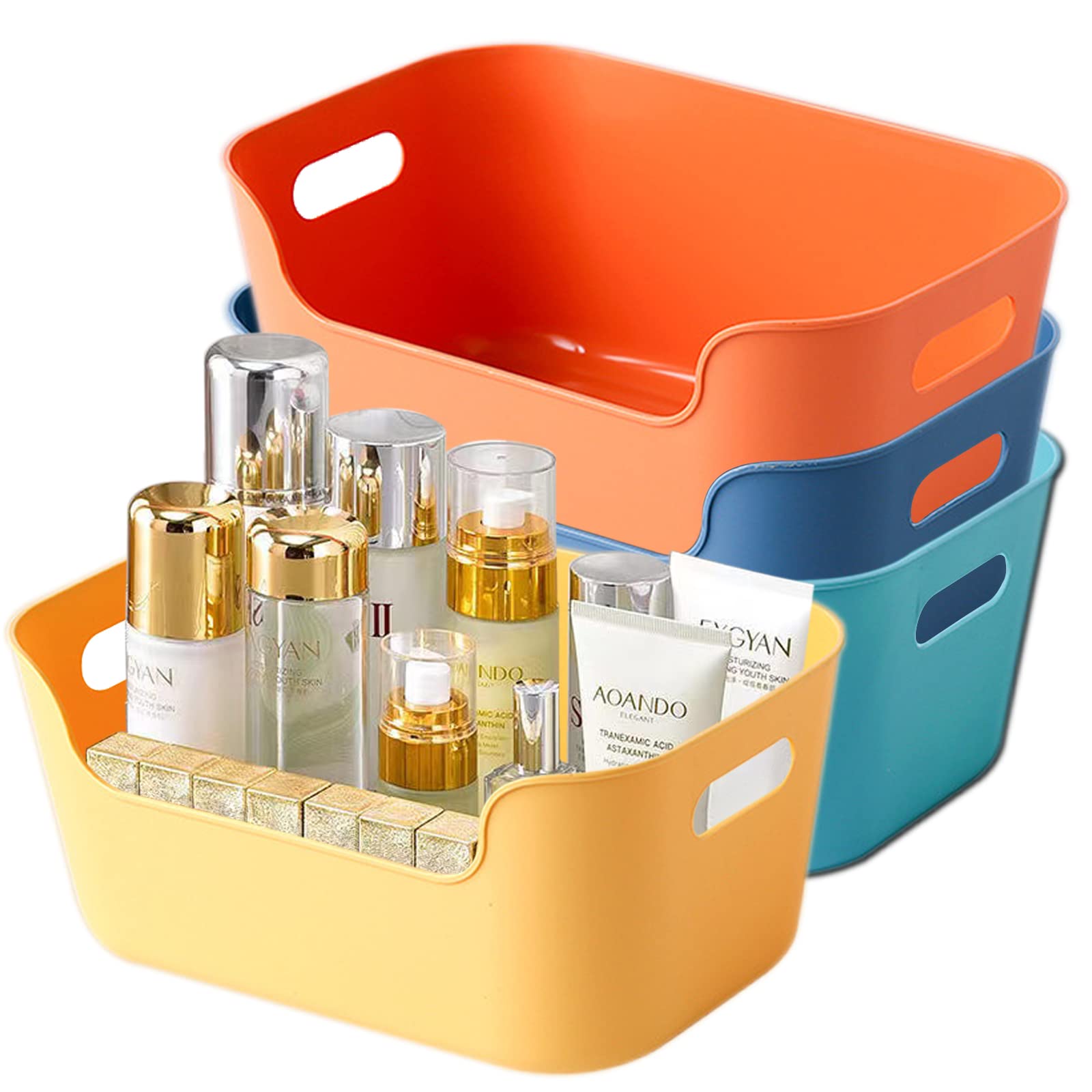 4PCS Colorful Plastic Storage Bins - Cabinet & Pantry Organizer for Kitchen, Bathroom (4 Colors, Arc Edge) - Perfect for Home Organization & Decluttering