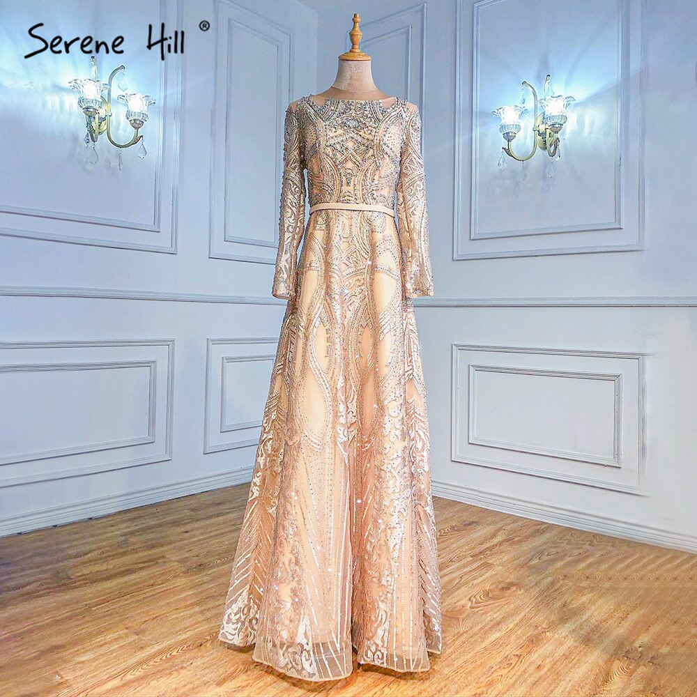Serene Hill Muslim Gold A-Line Evening Dresses for Women 2025 - Beaded Luxury Wedding Party Gowns LA70778 | Elegant Formal Wear for Bridal, Prom & Special Occasions