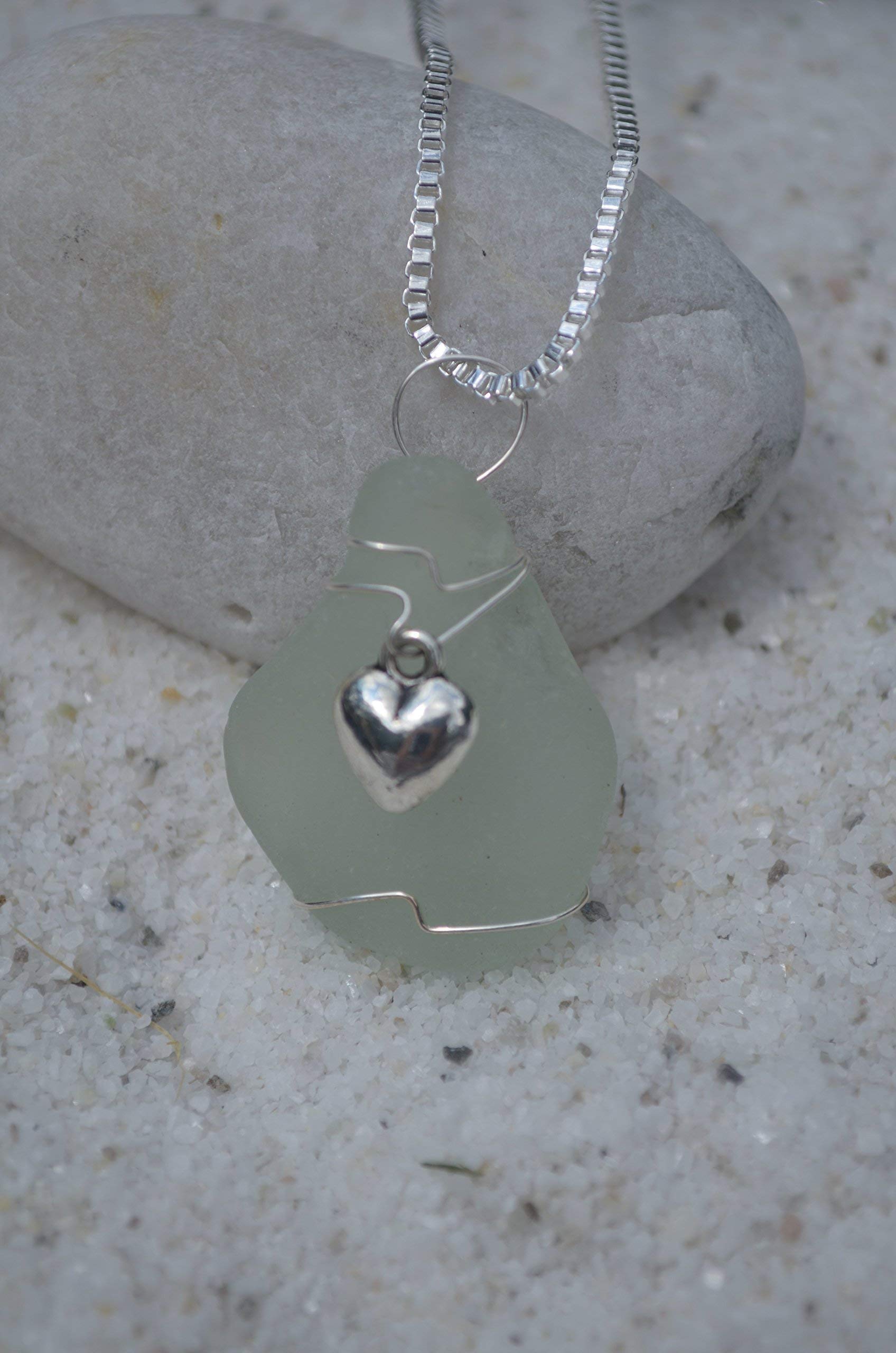 Authentic Aqua Sea Glass Necklace with Sterling Silver Heart Charm – Perfect for Beach Weddings, Boho Fashion & Gift Giving