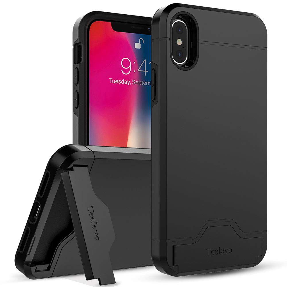 Teelevo iPhone Xs (2018) Wallet Case with Card Slots & Kickstand - Slim Dual Layer Protective Cover for iPhone Xs/X - Black - Perfect for Travel, Shopping & Everyday Use