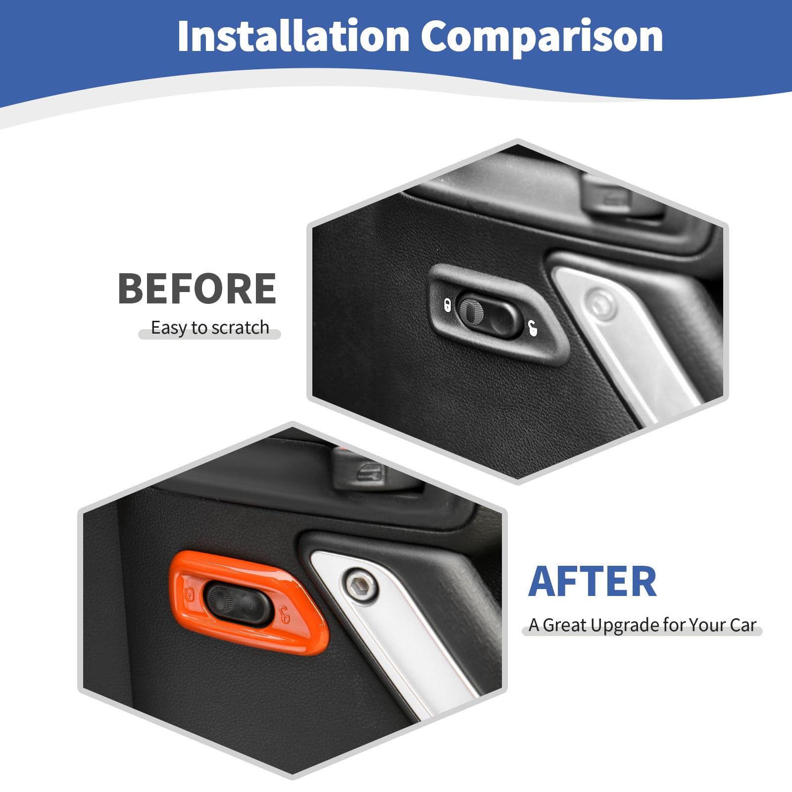 Jeep Wrangler JK JKU Door Lock Switch Cover Trim Bezel (2011-2017) - Orange Interior Accessories (2-Pack) | Durable Protection & Custom Style Upgrade for Off-Road Adventures