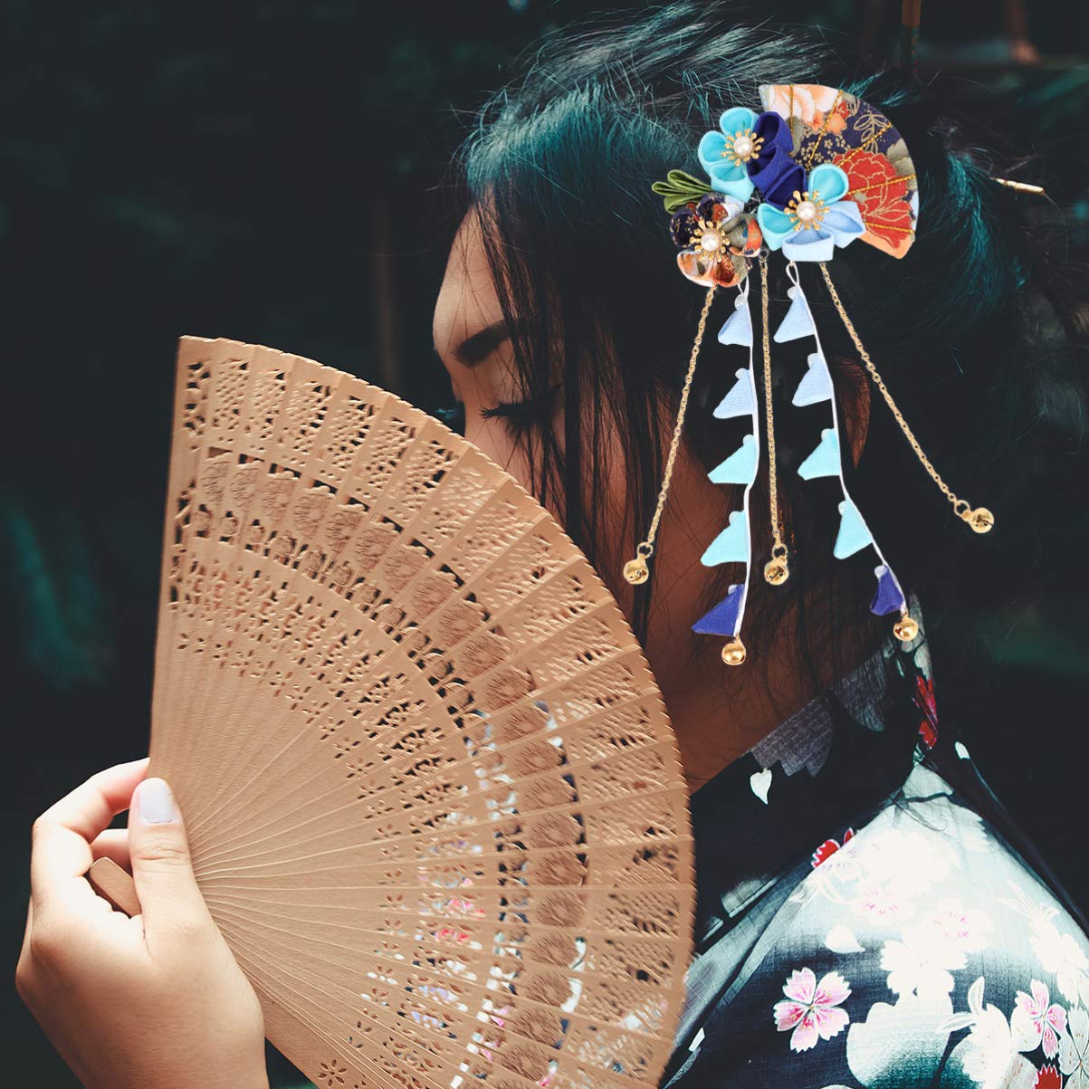 Japanese Kimono Flower Hair Clips with Tassel - Traditional Kanzashi Hair Ornaments for Women (Blue) | Elegant Hair Accessories for Weddings, Tea Ceremonies & Cosplay