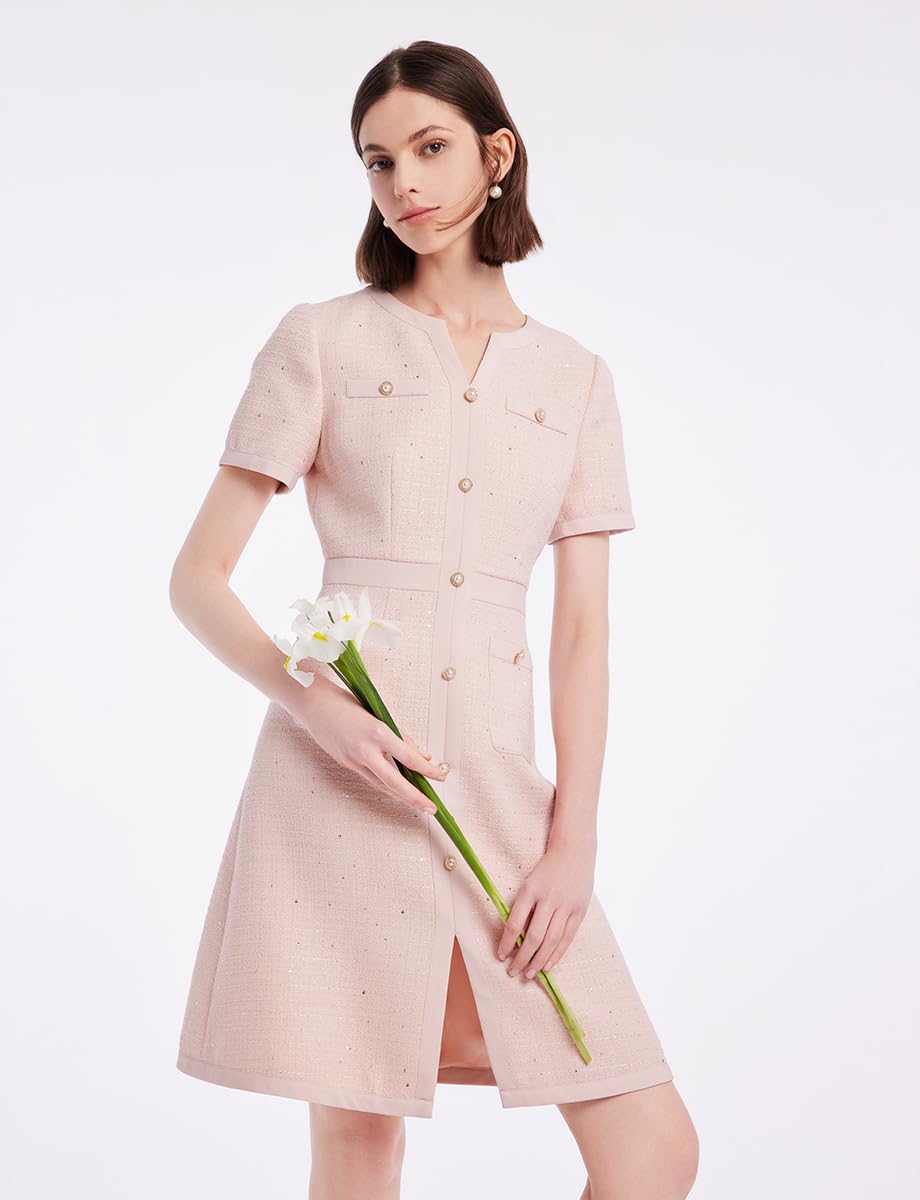 Elegant Summer Tweed Dress for Women - Short Sleeve A-Line Mini Dress with Crew Neck & Lace Detail | Perfect for Casual Wear, Daily Outfits & Summer Parties