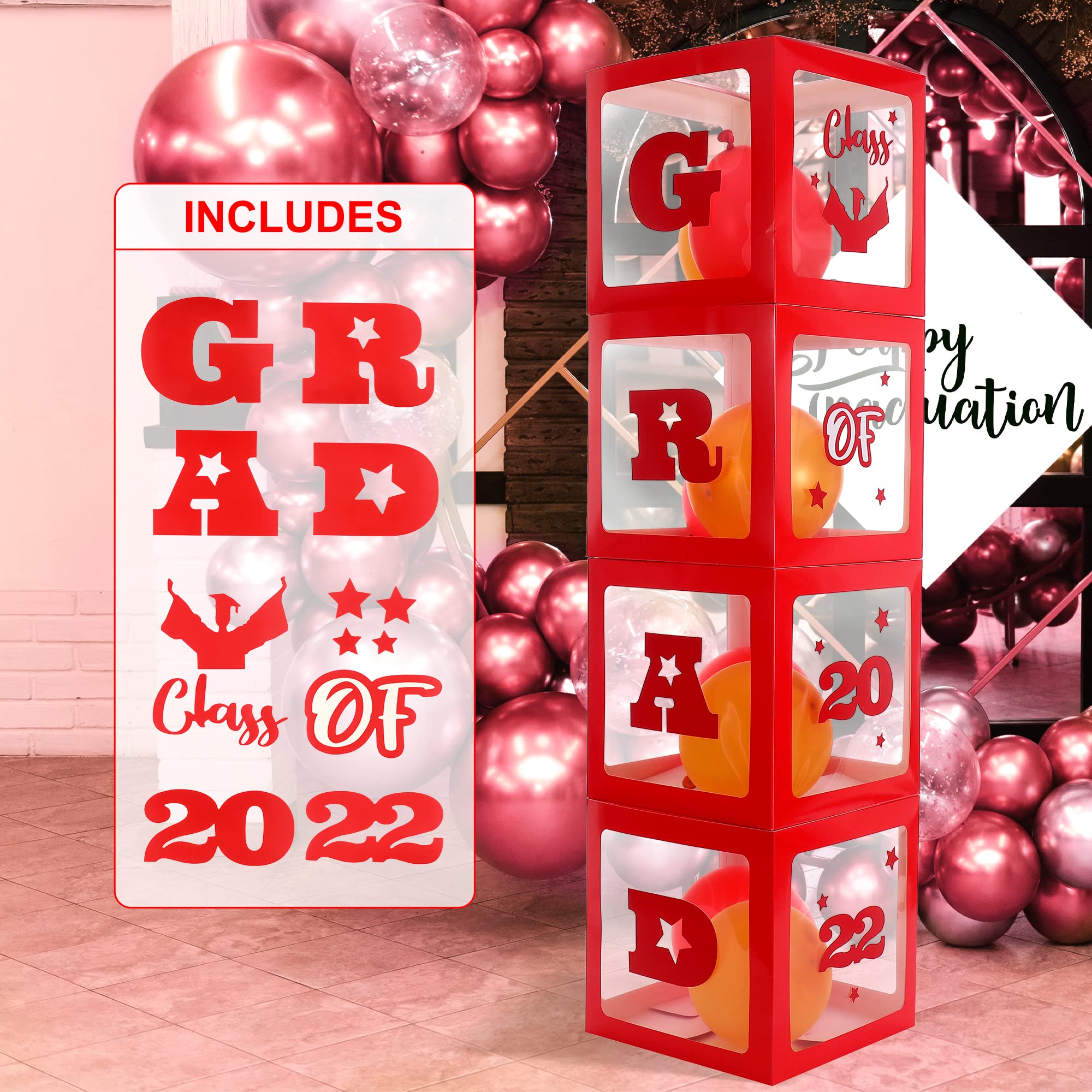 2024 Red Graduation Balloon Box Decorations - 4-Piece Congrats Grad Box Set for College Graduation Party | Red and Black Themed Decor for Graduation Ceremony, Photo Backdrop & Celebration | Perfect for High School, University & Commencement Events