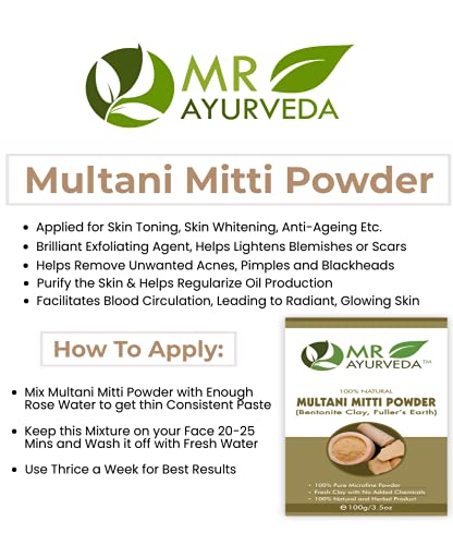 MR Ayurveda 100% Pure Multani Mitti Clay Powder | Organic Fullers Earth for Face & Skin Care | Chemical-Free Natural Facial Mask | Set of 3 (300g) - Perfect for Acne Treatment, Glowing Skin & Detoxifying Rituals