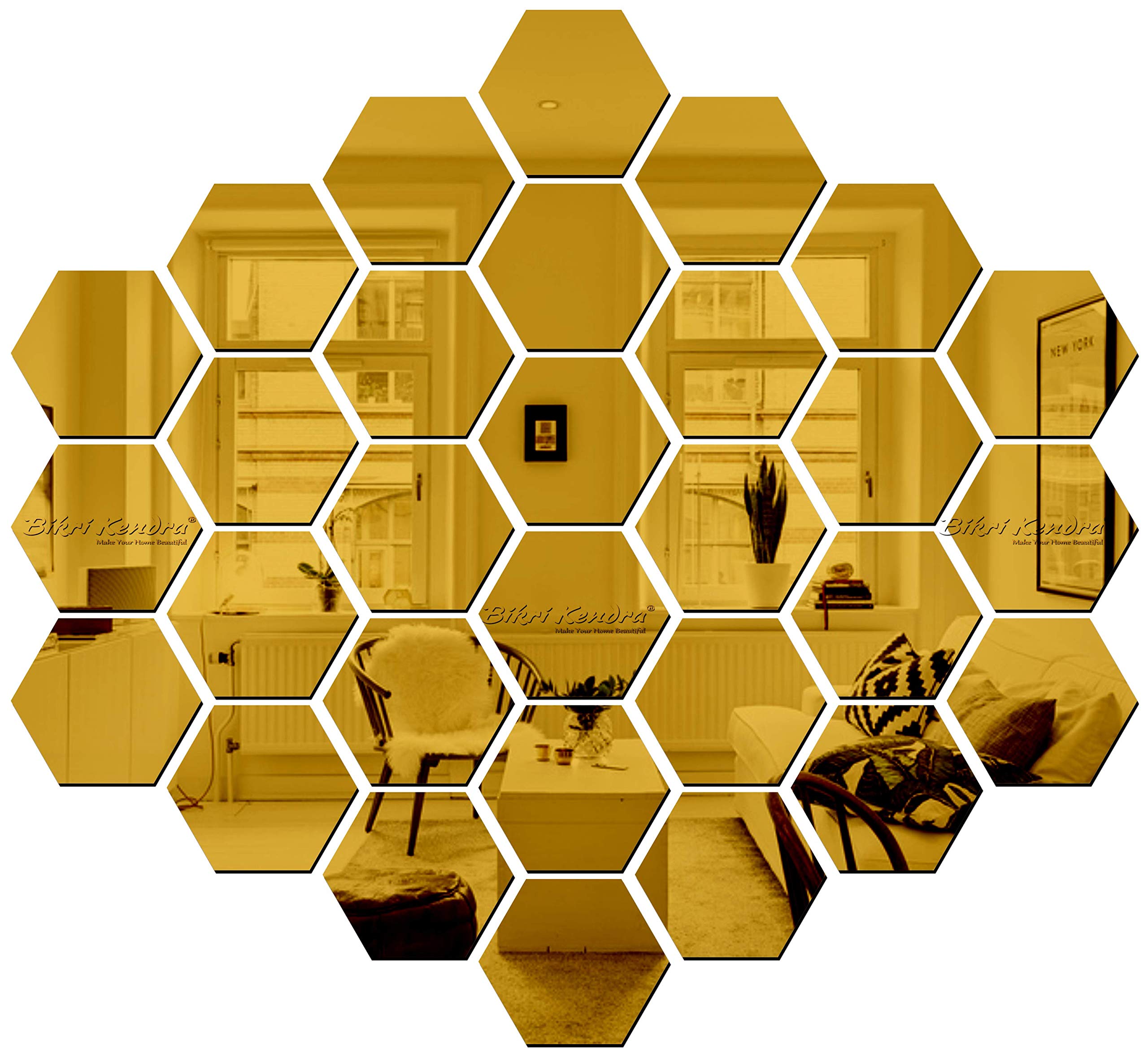 Hexagon Acrylic Mirror Wall Stickers - Set of 30 Golden Decorative Tiles for Home Decor | Perfect for Living Room, Bedroom, Kitchen & Hallway Wall Art | DIY Peel & Stick Wall Mirrors for Modern Interior Design