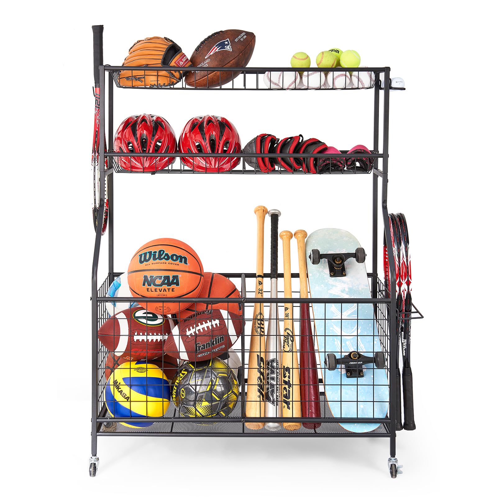 TNINE Sports Equipment Organizer - Rolling Ball Storage Cart for Basketballs, Baseball Bats, Footballs & Tennis Rackets | Garage & Toy Organizer for Indoor & Outdoor Use | Perfect for Sports Gear Storage in Home, Gym or Playroom