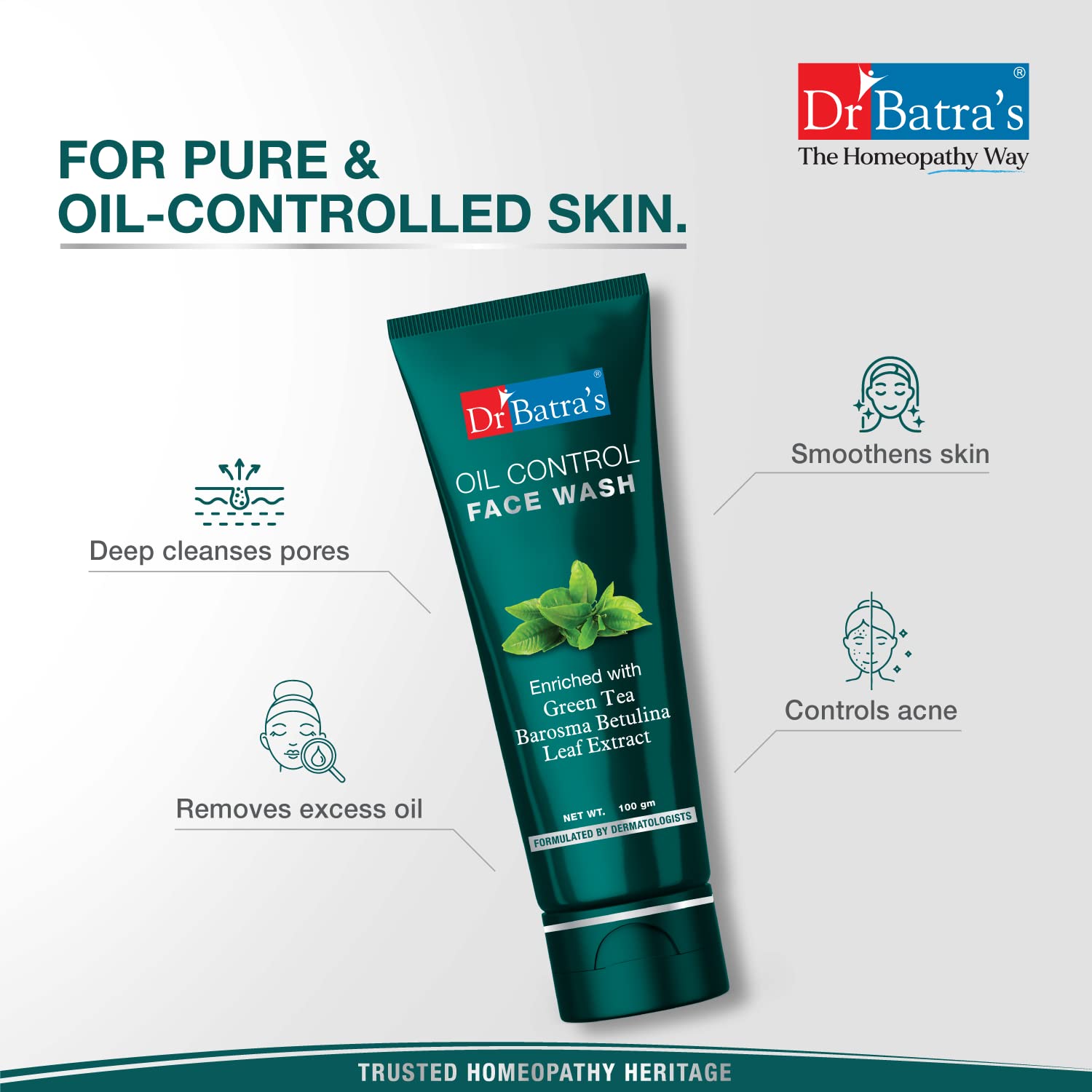 Dr. Batra's Oil Control Face Wash - Sulphate, Silicone & Soap Free with Barosma Betulina & Echinacea Extract for Oily & Clear Skin (100g, Pack of 2) | Gentle Daily Cleanser for Acne-Prone & Combination Skin