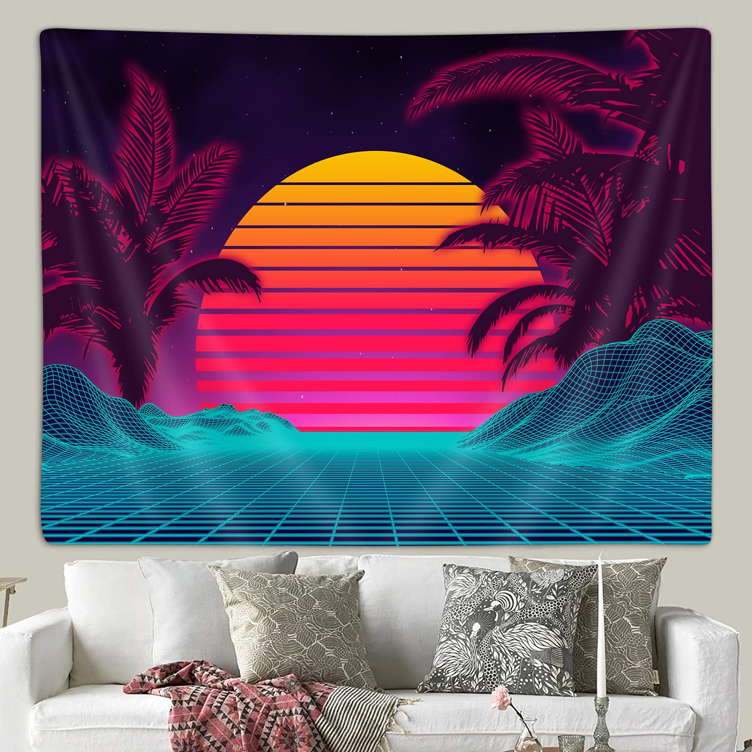 Retro Neon Vaporwave Tapestry Wall Hanging - 60x40 Inch Trippy Mountain Sun Art Decor for Bedroom, Dorm, Living Room & Office - 70s 80s Aesthetic Party Poster Blanket - Perfect for Hippie Boho Room Decor & Music Festival Themed Spaces