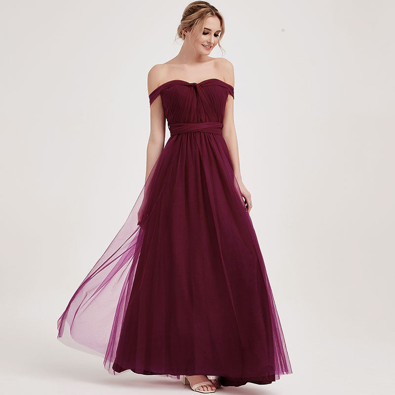 Burgundy Multi-Way Sweetheart Tulle Bridesmaid Dress - Adjustable Straps, Flowy Skirt - Perfect for Weddings, Prom, Formal Events & Special Occasions