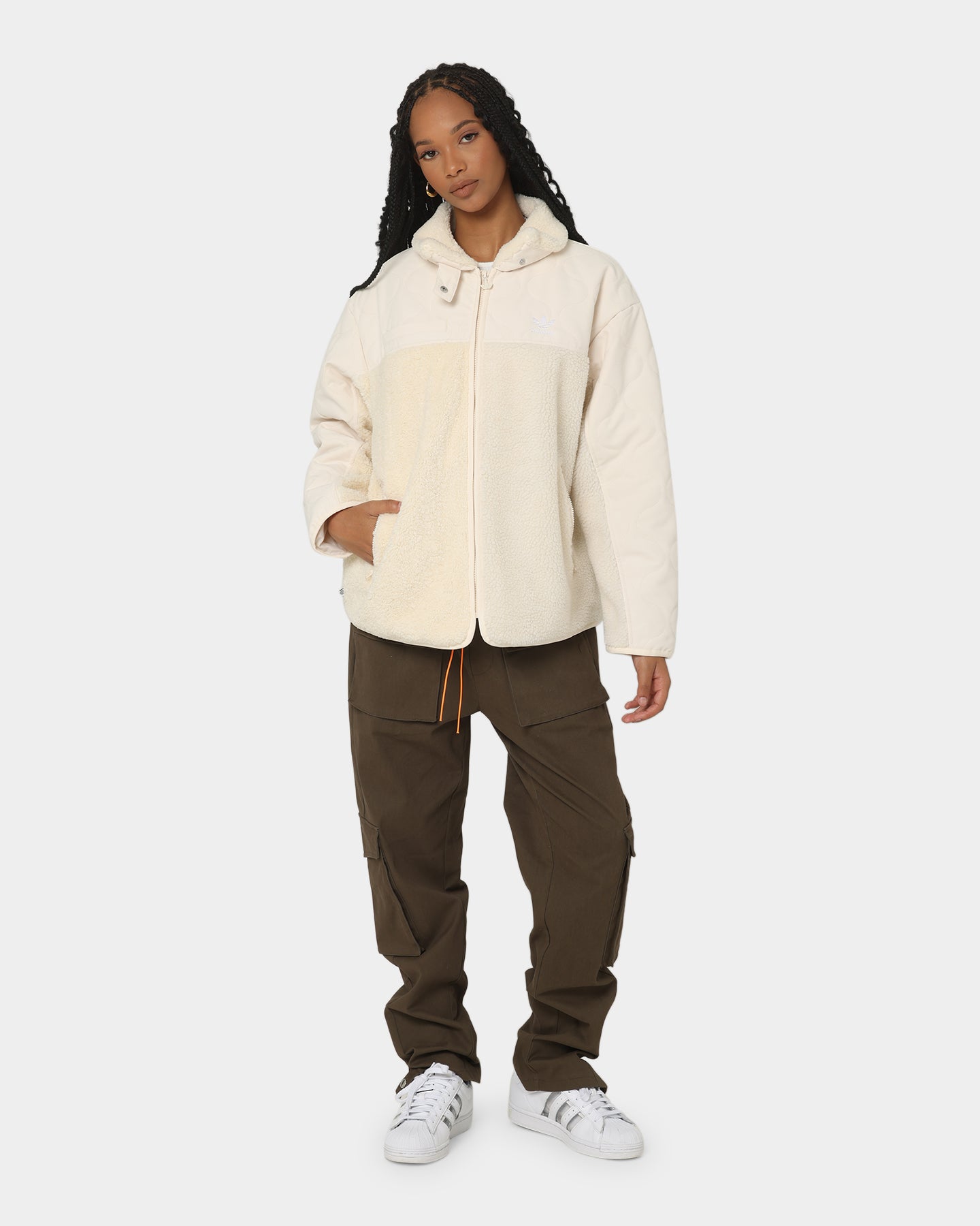 Adidas Women's Sherpa Jacket - Cozy Fleece-Lined Winter Coat, Wonder White - Perfect for Outdoor Activities & Casual Wear