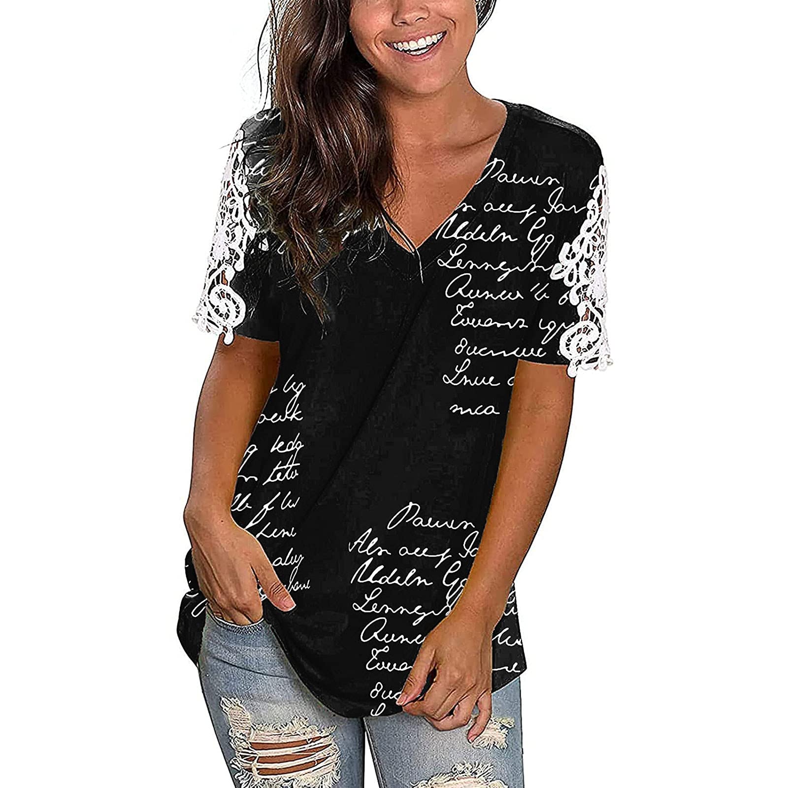 Women's V Neck Lace Tee Tops - Short Sleeve Casual Summer Blouse for Women - Perfect for Beach Outings, Date Nights & Everyday Wear