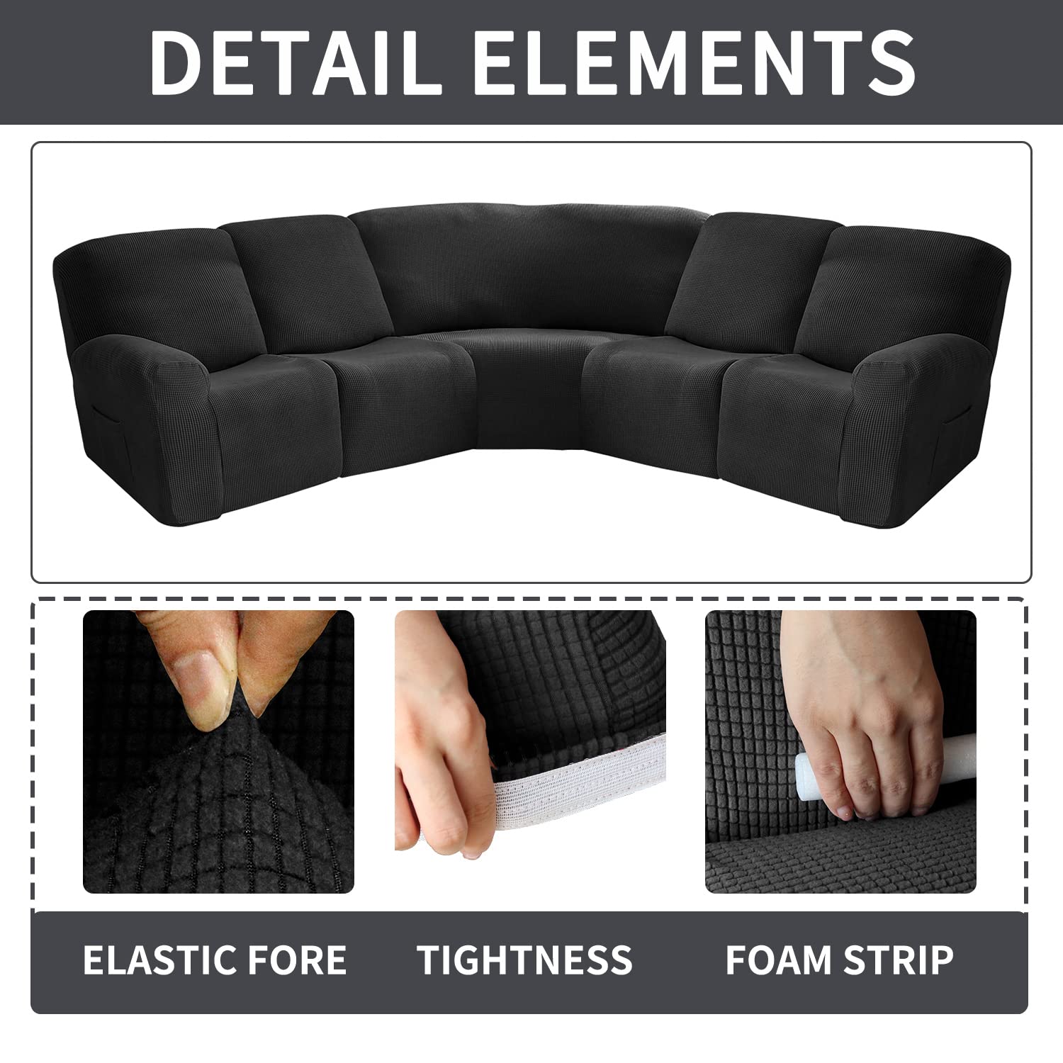 MIFXIN 5-Seat Recliner Sofa Cover Set - 7-Piece Jacquard Stretchable Soft Fabric Slipcover for L-Shaped Sectional Couch - Furniture Protector (Black) - Perfect for Living Room, Home Theater & Family Gatherings