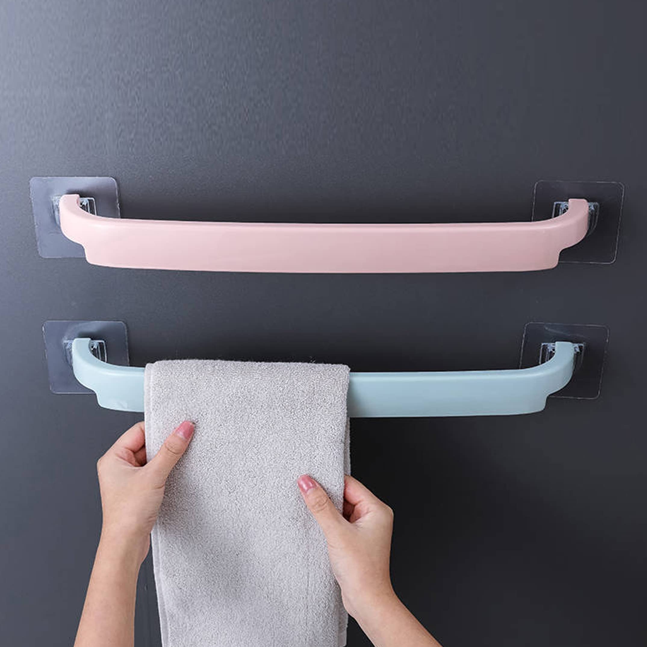 XIBO Self-Adhesive Wall Mounted Towel Rack - Plastic Bathroom Shelf & Hanger Organizer for Kitchen, Bathroom - Multi Color (2 Pack) - Perfect for Small Spaces, Apartments & Dorm Rooms
