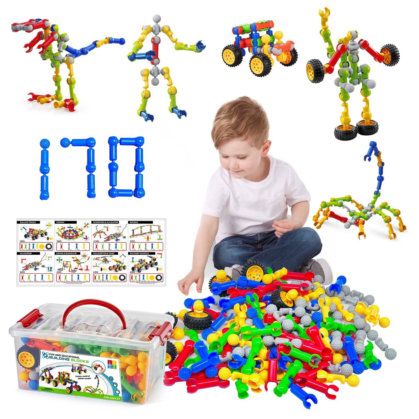 170 Pcs STEM Building Blocks Toys for Kids Ages 3-9 with Storage Box & Idea Guide - Creative Educational Construction Set for Boys & Girls - Perfect for Birthday, Christmas Gifts & Classroom STEM Activities