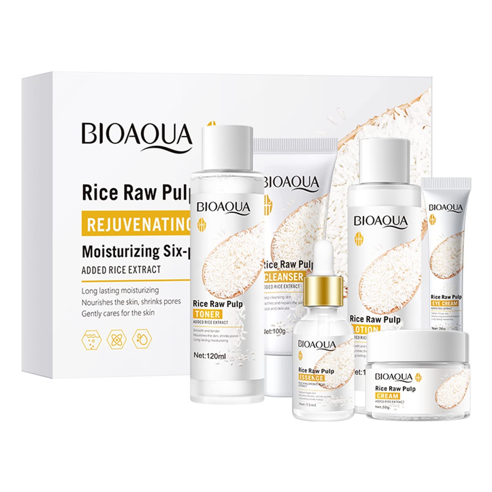 Rice Raw Pulp Skincare Set - 6pcs Whitening & Moisturizing Kit for Anti-Aging & Pore Care - Perfect for Daily Facial Routine