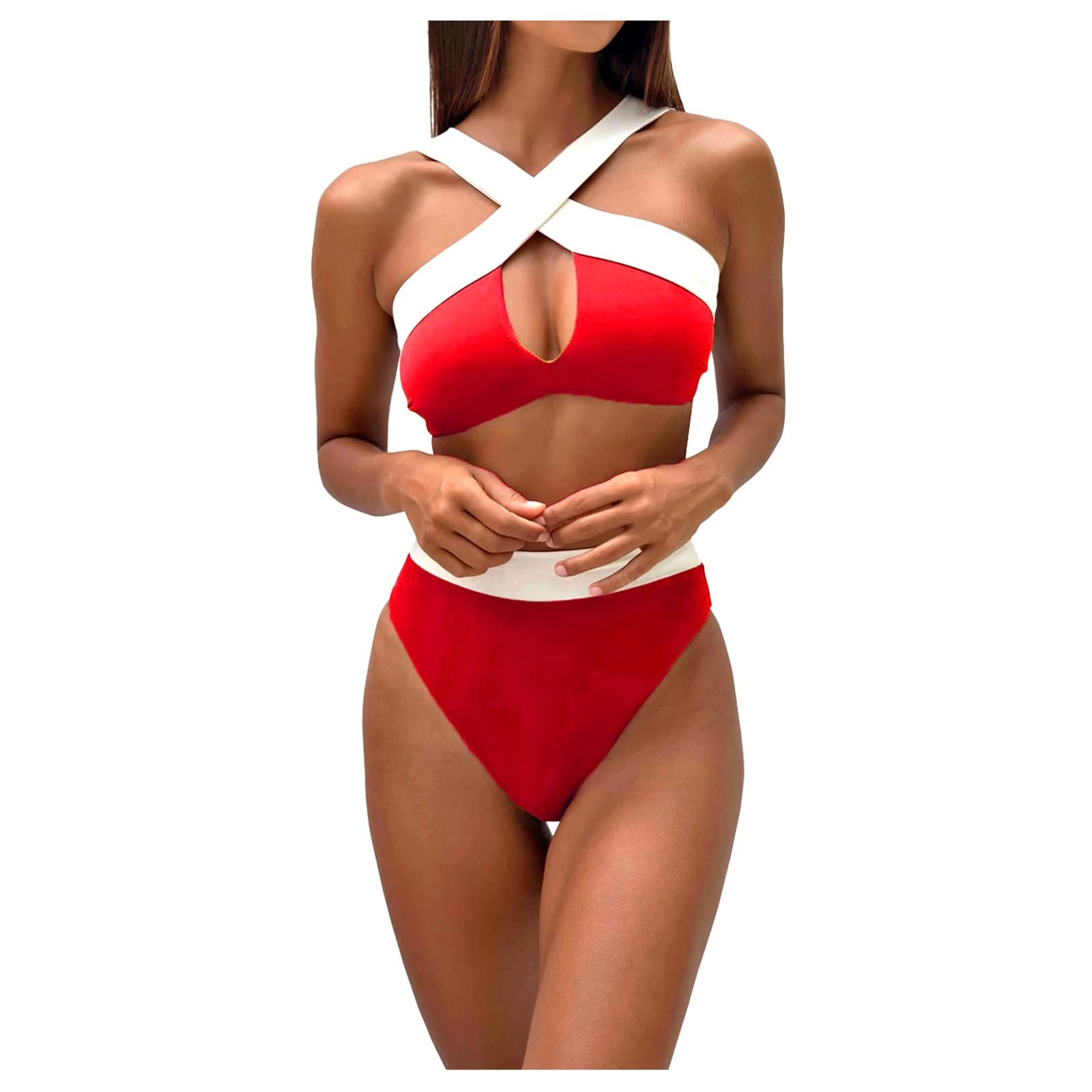 **Women's High Waist Bikini Set - Sexy Strappy Beach Swimsuit with Split Design, Solid Color Tankini (Red, Size M) | Perfect for Pool Parties, Vacations & Summer Getaways**