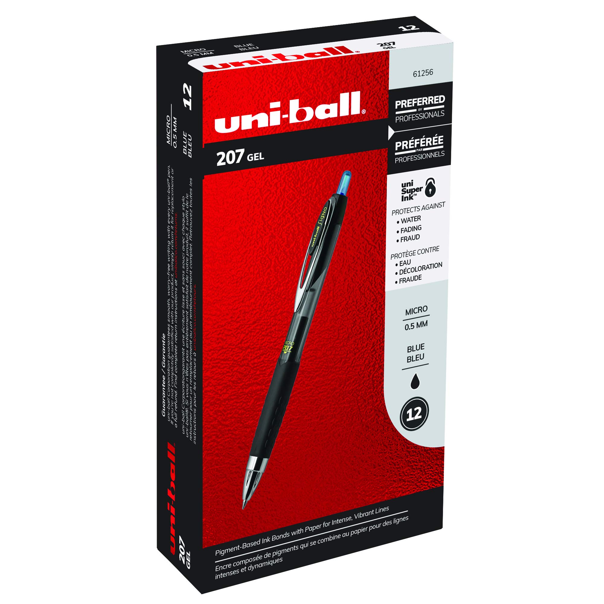 Premium Blue Retractable Gel Pens - 12 Pack with Ultra Micro Points | Uni-Ball 207 Signo Click Pens | Fraud-Proof Ink | Ideal for Office, Nursing, Business, School & Bible Study | Smooth Writing for Notes, Signatures & Exams