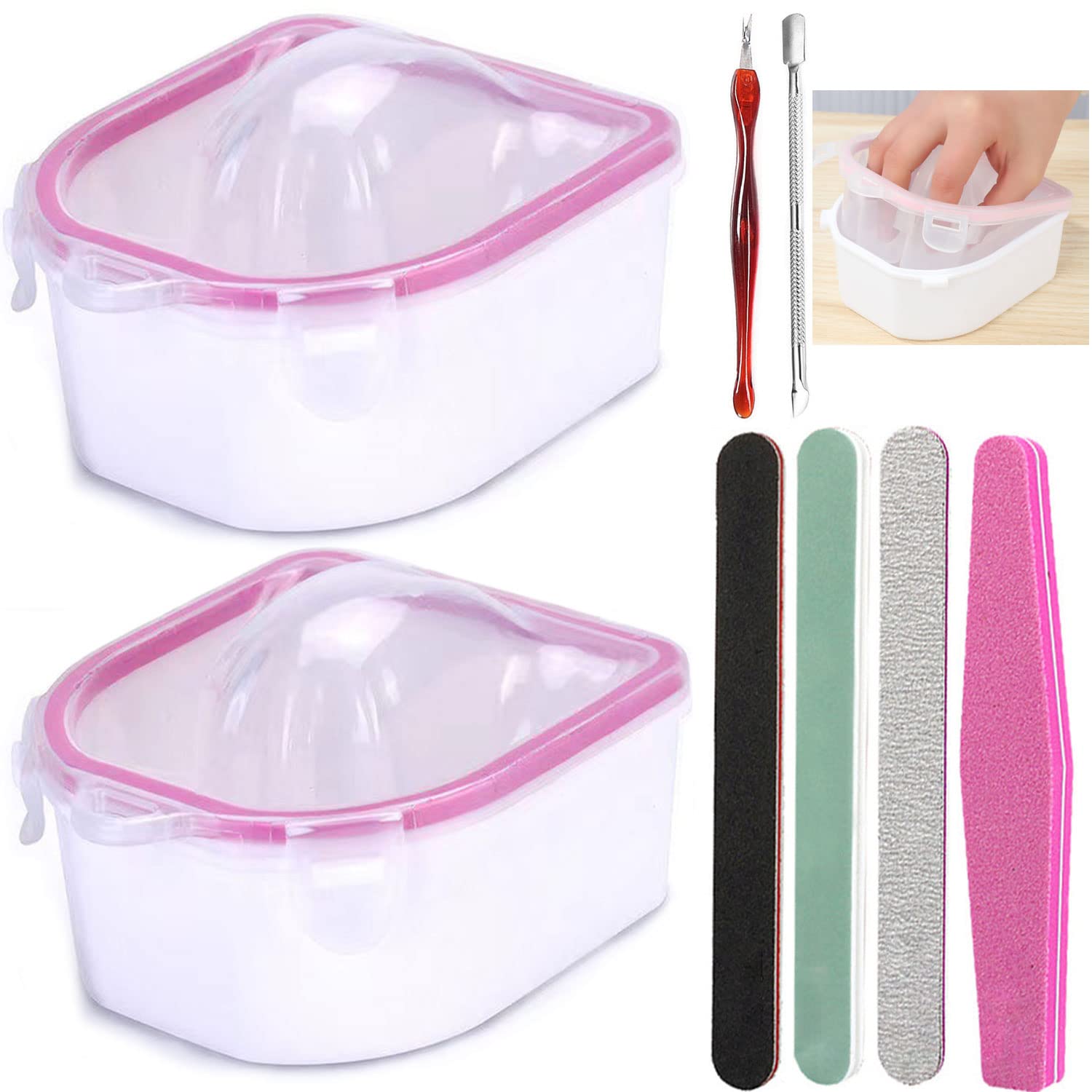 2Pcs Nail Soaking Bowl Set for Gel & Acrylic Nails Removal - Includes Triangle Cuticle Peeler, Pusher & Go Glam Nail Stamper - Professional Manicure Tools Kit for Home & Salon Use