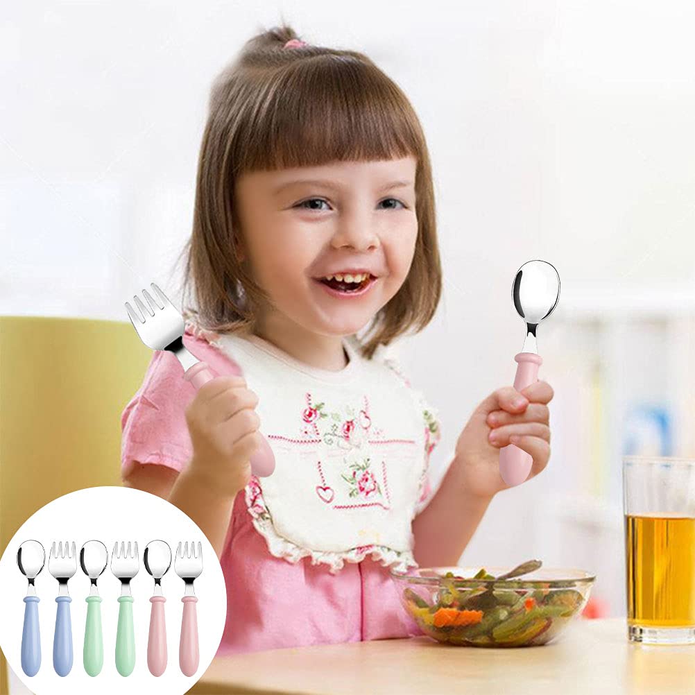 Lanjue 3-Piece Stainless Steel Baby Fork and Spoon Set (6-Pack) - Toddler Utensils with Rounded Handles for Safe Self-Feeding | BPA-Free Kids Flatware for Home, Travel & Daycare Use