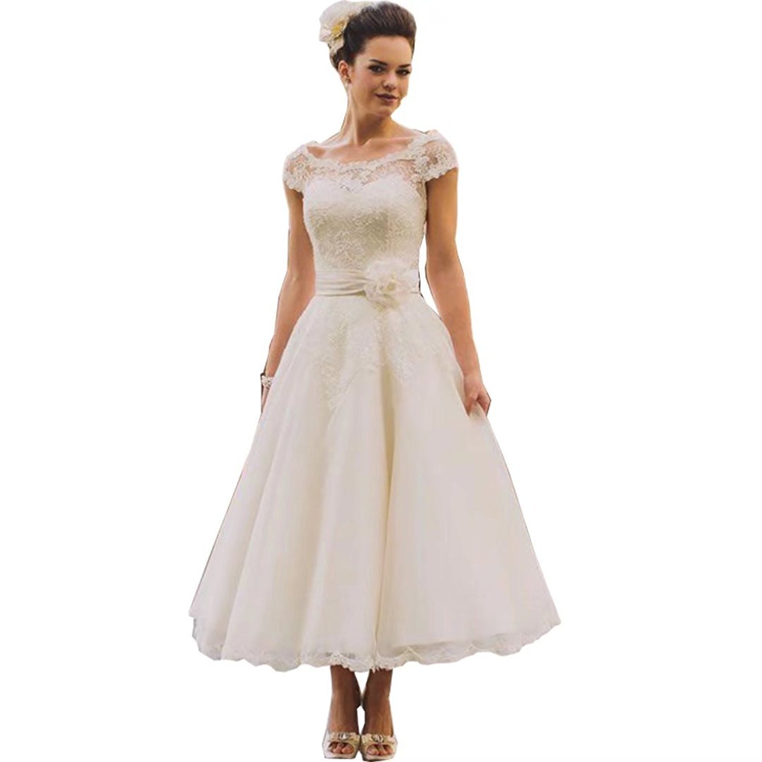 Vintage Lace Tea-Length Wedding Dress for Women - Cap Sleeve Bridal Gown - Perfect for Vintage Weddings, Garden Ceremonies & Romantic Photos