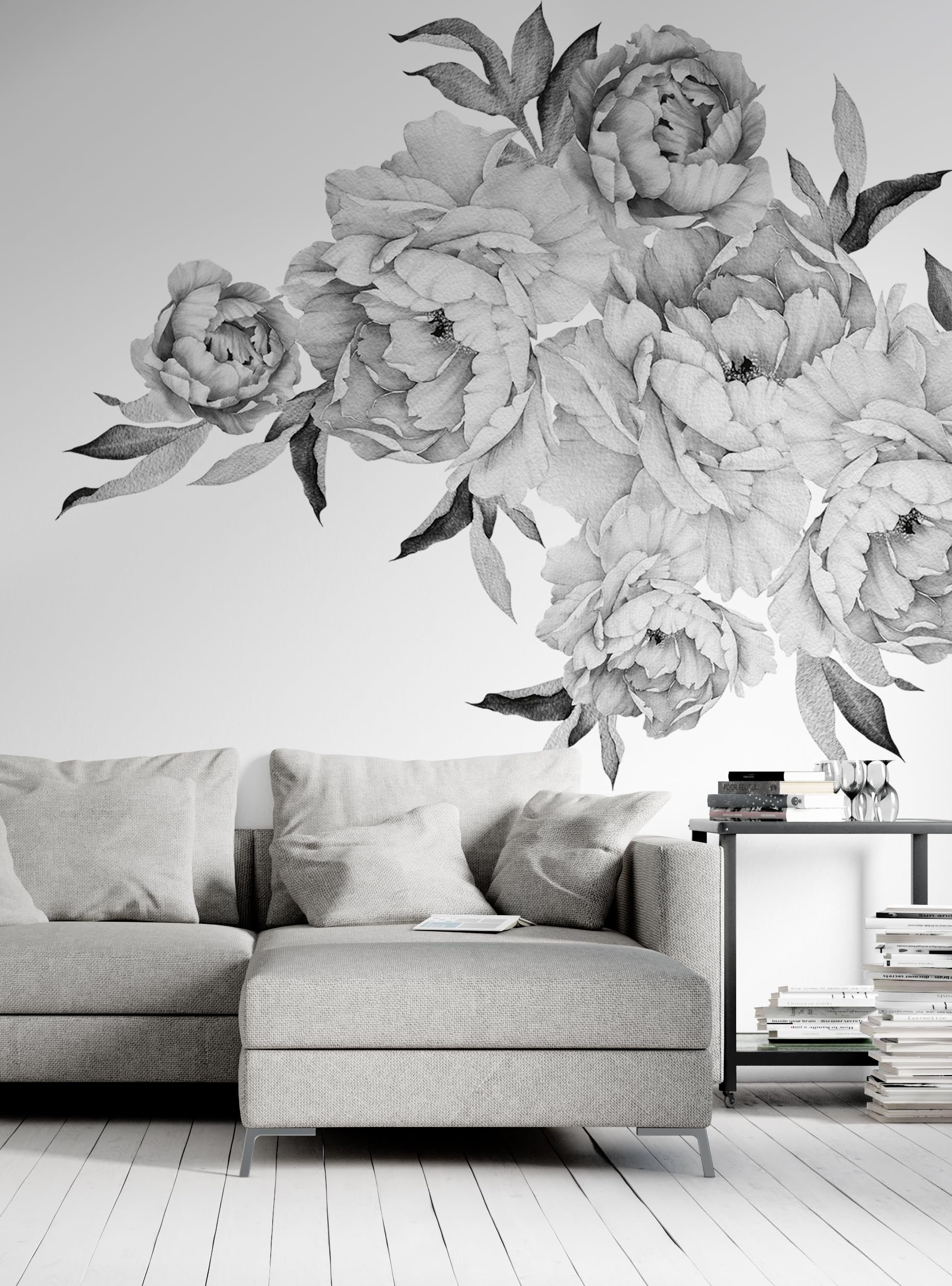 Large Boho Style Rose Wall Decal - Removable Peony Flower Wall Sticker - Black and White Floral Wall Art for Bedroom, Living Room, Nursery Decor