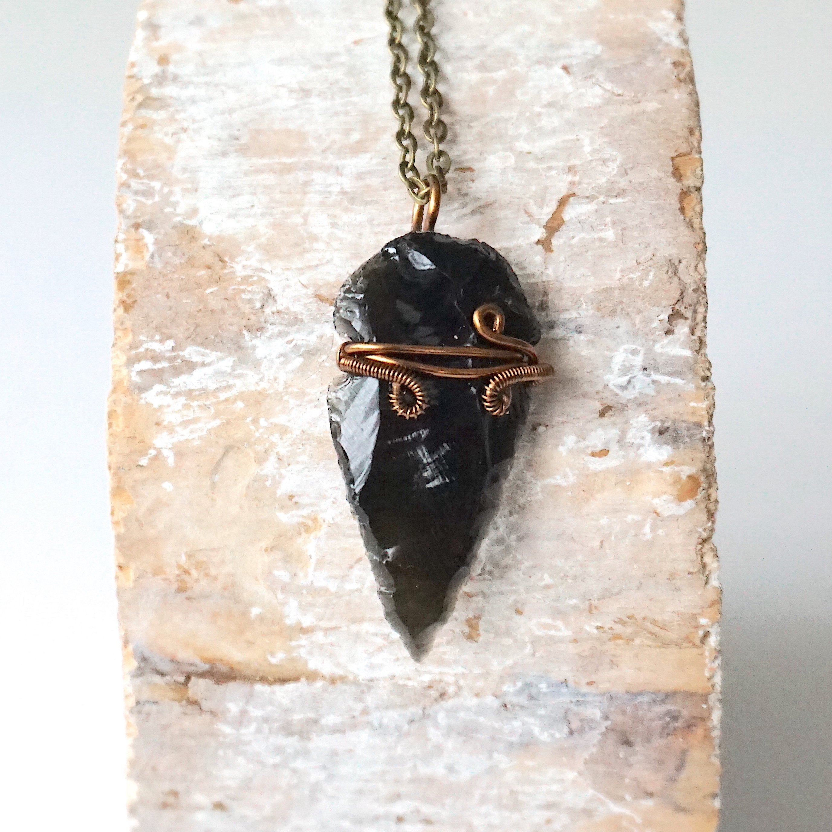 Obsidian Arrowhead Pendant Necklace in Antique Bronze - Handmade Stone Jewelry for Men & Women | Perfect for Outdoor Adventures, Spiritual Healing & Boho Fashion