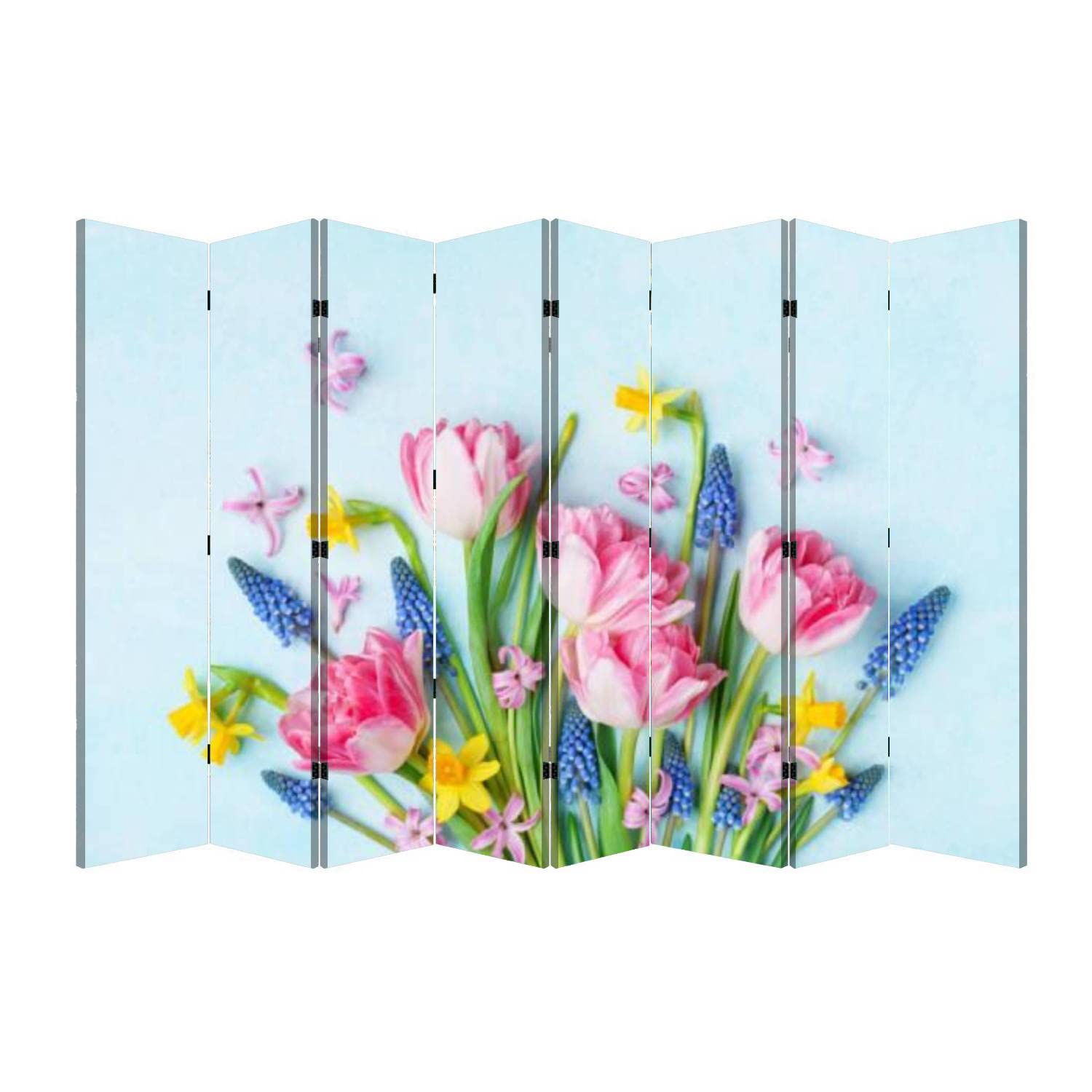 8 Panel Folding Room Divider Screen - Portable Freestanding Privacy Partition with Beautiful Spring Flowers Design on Pastel Blue Background for Home, Office, Bedroom | Perfect for Creating Private Spaces, Room Separation, and Decorative Accents